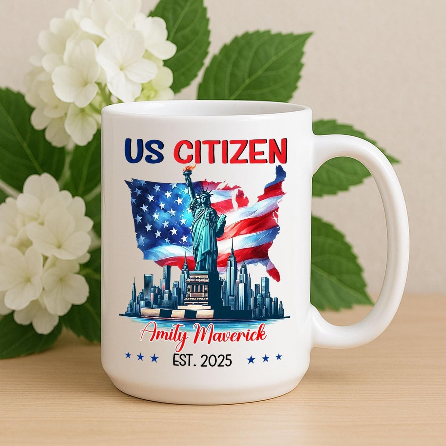 Customized Year & Name American Flag White Mug Gift For Dad Mom Friend Bestie, Unique New US Citizen Ceramic Coffee Cup 11 15Oz, Personalized US Citizenship Travel Coffee Mug, American Citizen Teacup