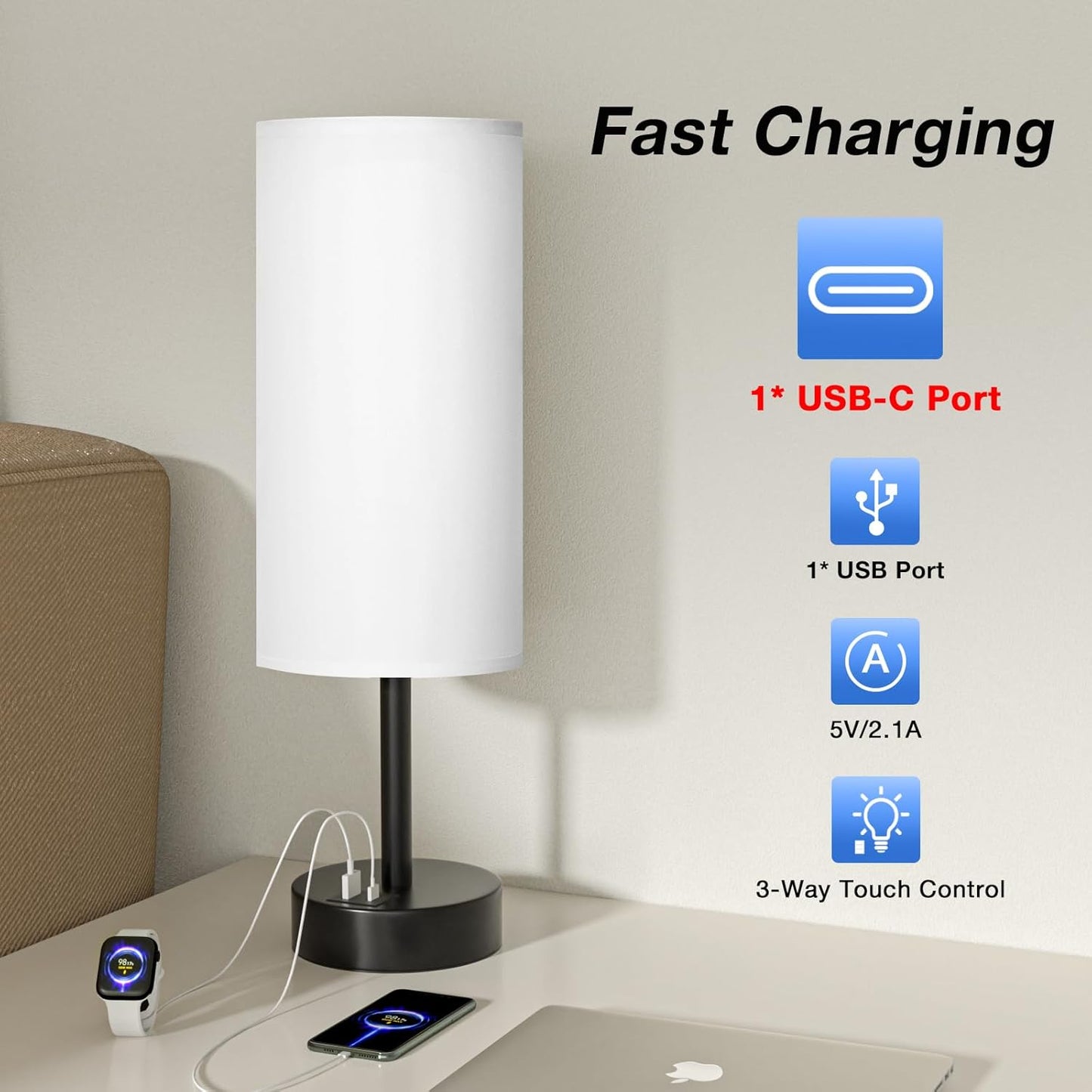 Bedside Touch Table Lamps for Bedroom Nightstand with USB-C USB-A Charging Ports White, 3 Way Dimmable Small Lamp Fabric Shade Black Base for Office, Living Room, Dorm Room Reading