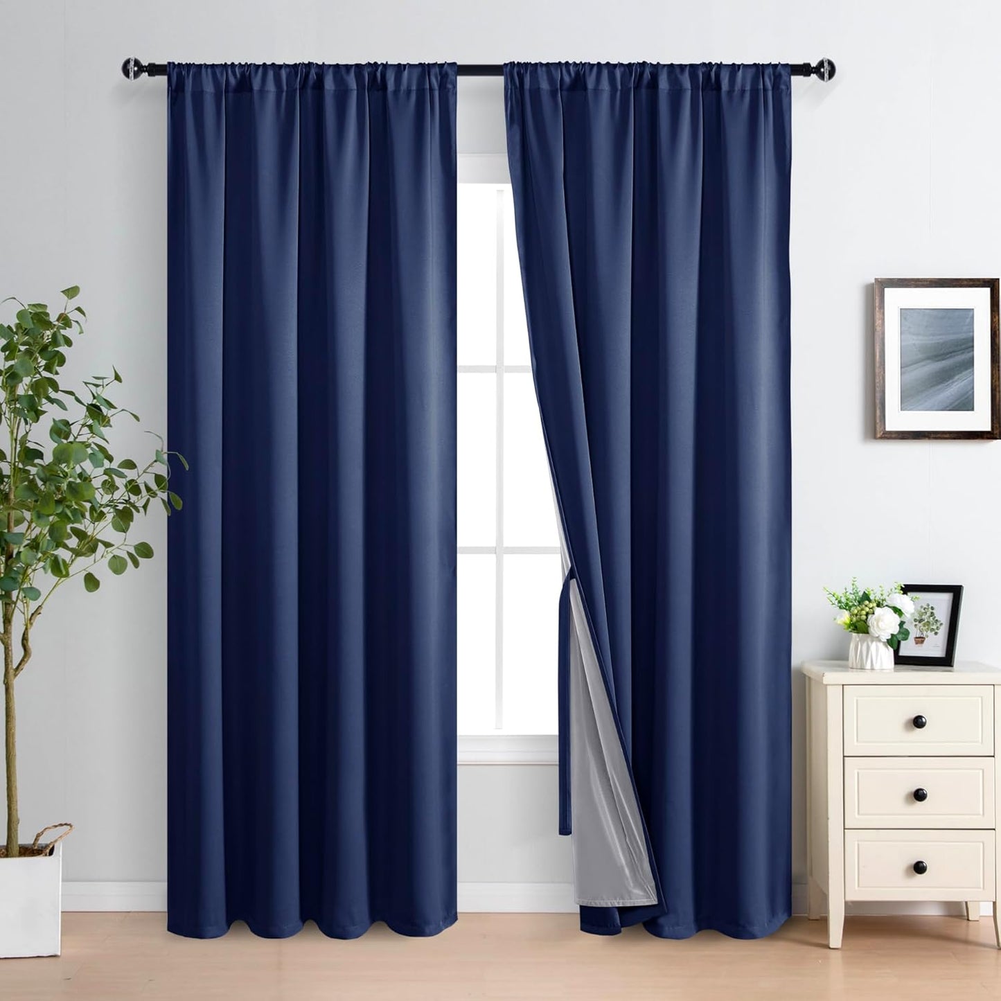 XWZO 100% Blackout Curtains 84 Inches Long with Tiebacks- Rod Pocket Noise Blocking & Energy Efficiency Window Draperies with Black Liner for Bedroom/Living Room, Navy Blue, W60 x L84, Set of 2