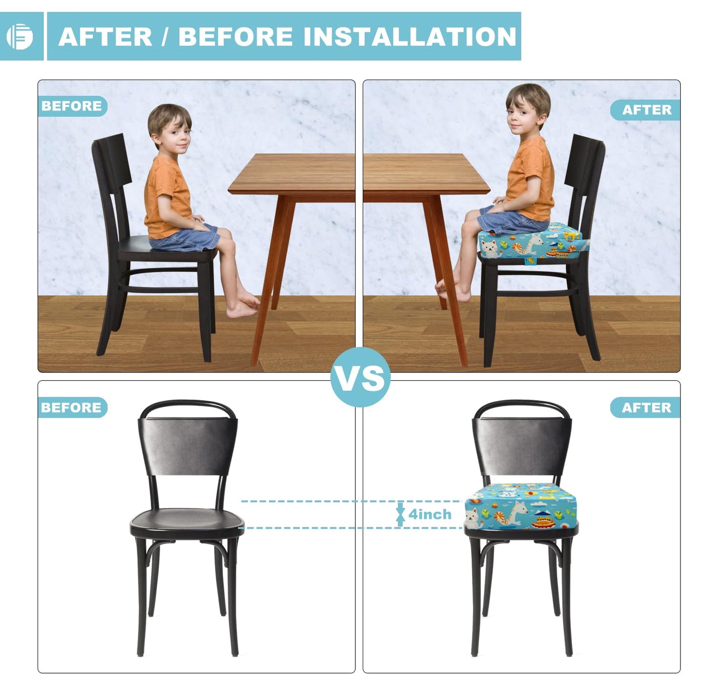 Toddler Booster Seat for Dining Table, Portable Booster Seat for Kitchen Chair, 4 Inch High-Density Foam Cushion with Adjustable Safety Straps and Non-Slip Bottom, Perfect for Kids Travel and Daily
