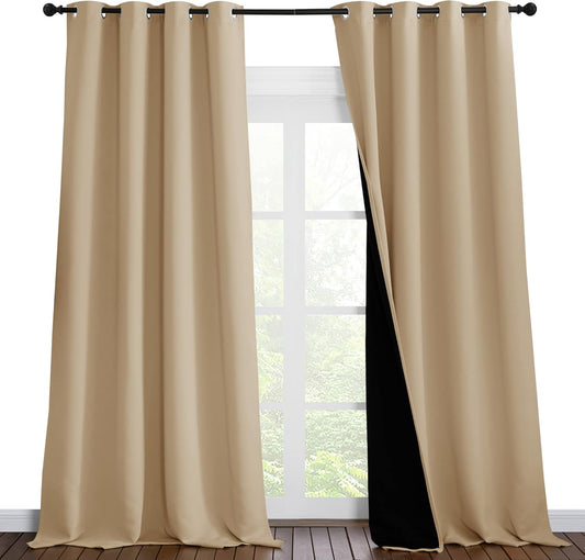 NICETOWN Thermal Insulated 100% Blackout Curtains, Sound Proof Drapes with Black Backing, Full Light Blocking Panels for Patio Sliding Door (Biscotti Beige, 1 Pair, 55 inches x 102 inches)