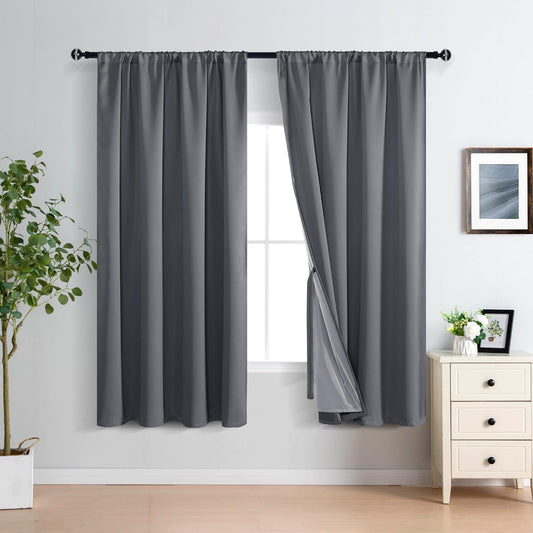 XWZO Full Shading Blackout Curtains 72 Inches Length - Heat and Light Blocking Rod Pocket Window Drapes with Black Liner Backing for Bedroom Sewn with Tiebacks, Dark Grey, W52 x L72, Set of 2