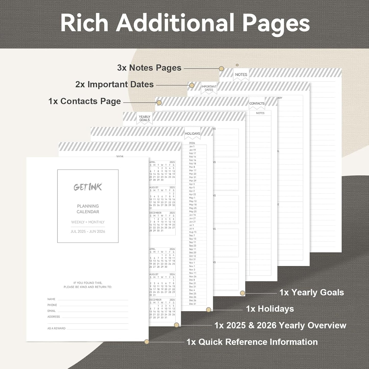 Getink 2025-2026 Linen cover Planner Weekly & Monthly Daily Agenda Book,2025-2026 To Do List Notebook with Colorful Monthly Tabs, Inner Pocket, Elastic Closure (Black,5.5 * 8.5)