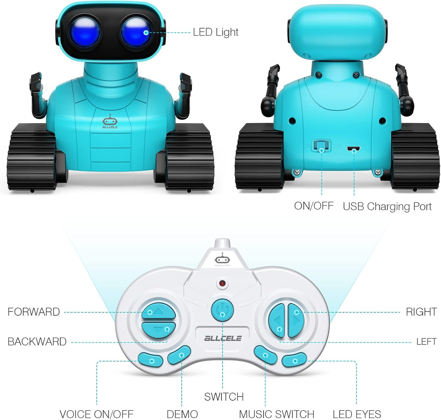ALLCELE Robot Toys, Rechargeable RC Robots for Kids Boys, Remote Control Toy with Music and LED Eyes, Gift for Children Age 3 Years and Up - Blue