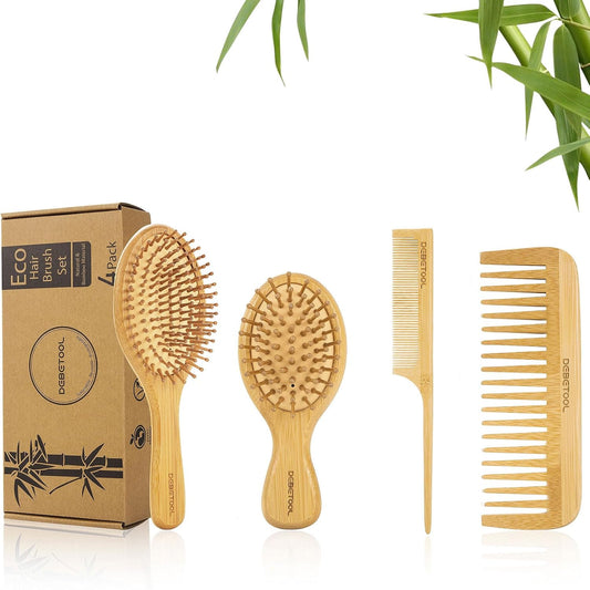 Bamboo Hair Brush Set - Natural Bamboo Paddle Detangling Hairbrush and Comb Set, Suit for Thick/Thin -Gift for Women Men and Kids