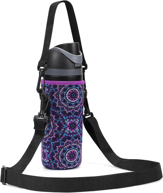 Neoprene Water Bottle Carrier Bag with Adjustable Shoulder Strap for Owala 24 OZ Tumbler, Insulated Water Bottle Cover for Owala FreeSip Insulated Water Bottle (Mandala, 24 OZ)