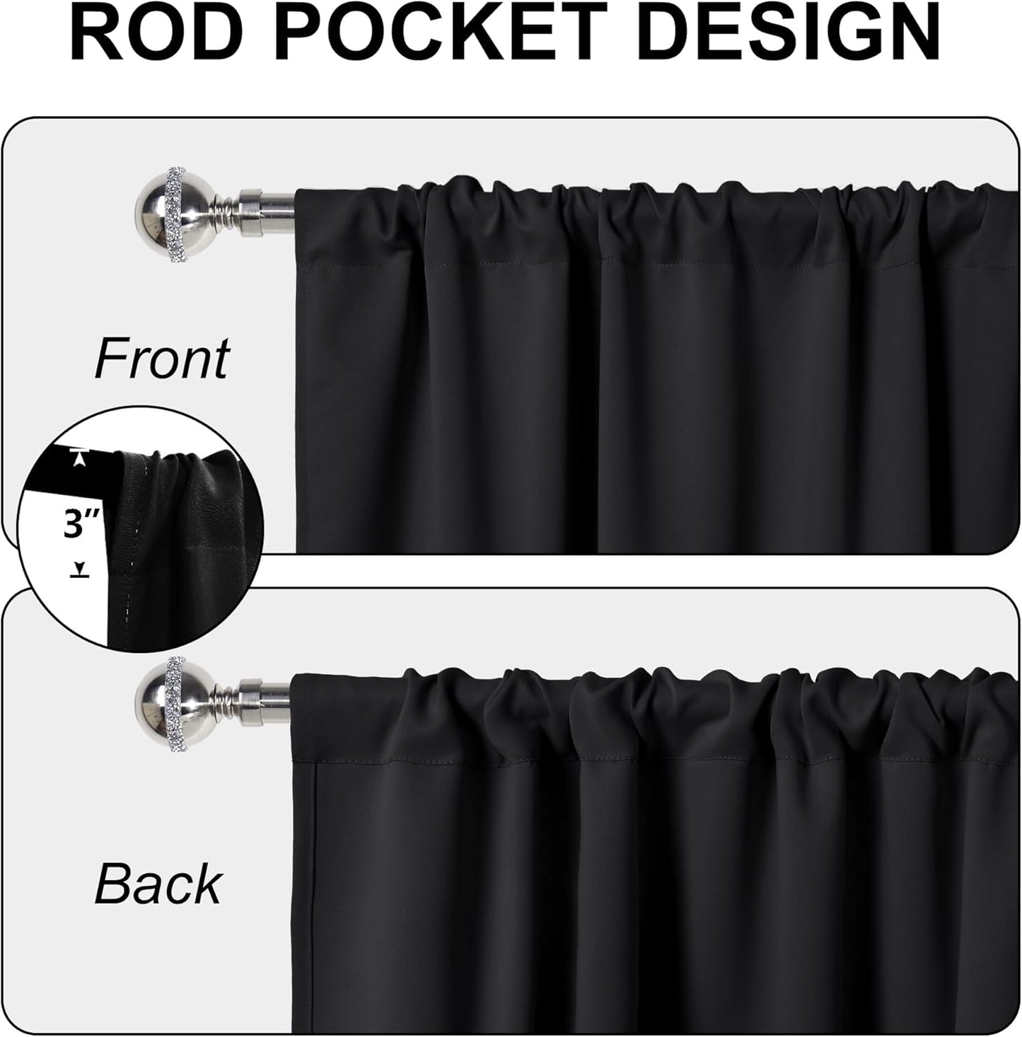 XWZO Blackout Curtains for Bedroom 63 inch Length Room Darkening Thermal Insulated Rod Pocket Curtains for Living Room with Tiebacks,Black,W42 x L63,Set of 2