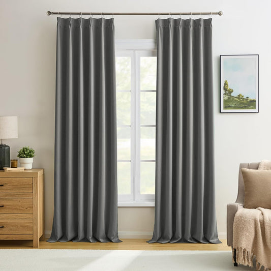 KEQIAOSUOCAI Grey Pinch Pleat Curtains & Drapes 150 Inches Long 2 Panels Set, Privacy Darkening Sound Dampening Window Treatment for Bedroom Vertical Draft Blackout Blinds for Living Room 40 by 150