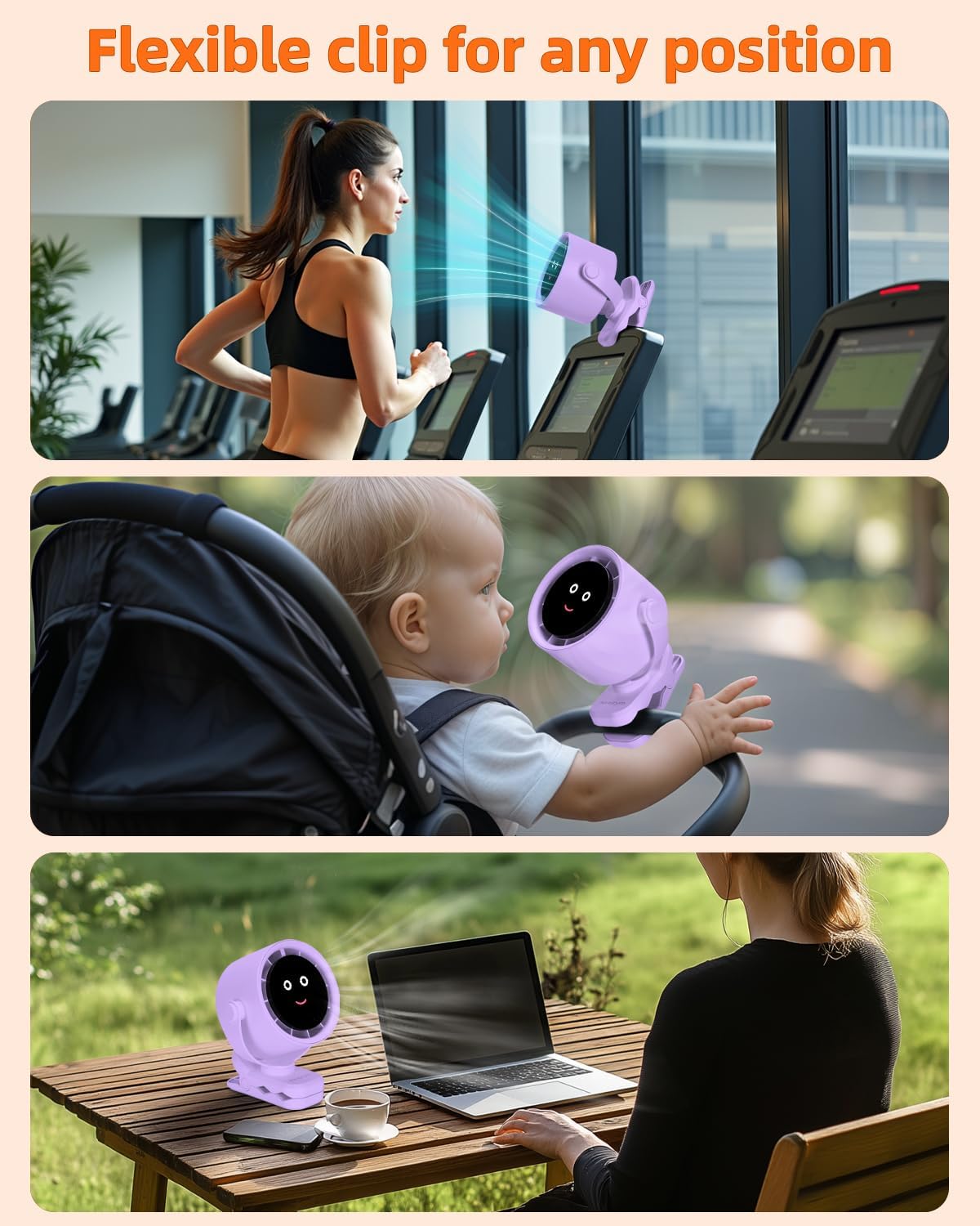 Clip on Fan for Bed, Portable Fan for Travel, Small Powerful 5 Speed Quiet 360° Rotate, Air Turbo Tech & Digital display, For Home Office Stroller Camping (Purple)