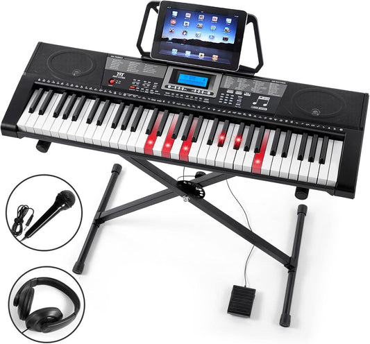Piano Keyboard, Electric Keyboard Piano with light-Up Key, 255 Tones & Rhythms, Smart Learning System, Headphone/Mic, Stand, Bench, 61 Key Piano Keyboard for Beginners, Kids (Black-1)