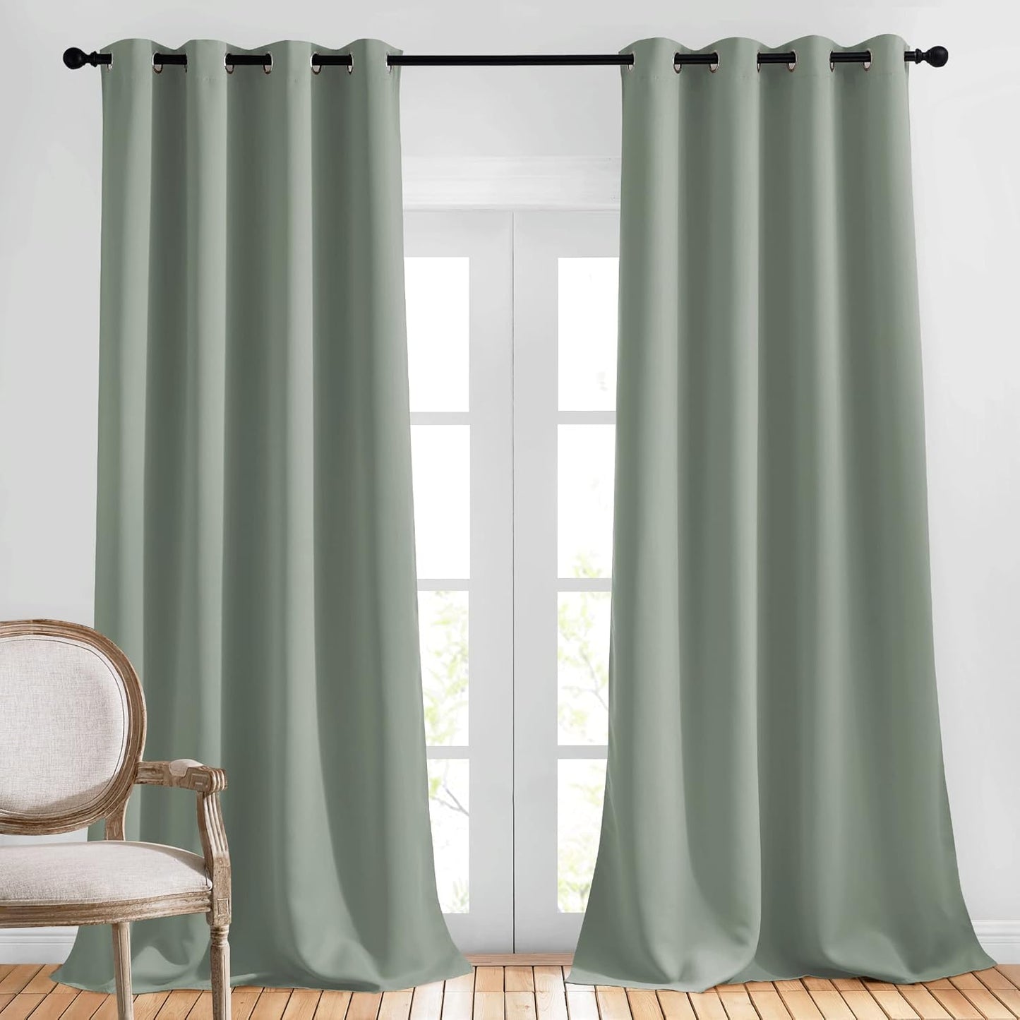 NICETOWN Blackout Bedroom Sage Green Curtains 96 inches Long, Energy Saving Thermal Window Treatments Sound Dampening Drapes Grommet Room Darkening for Living Room, W52 x L96, 2 Panels
