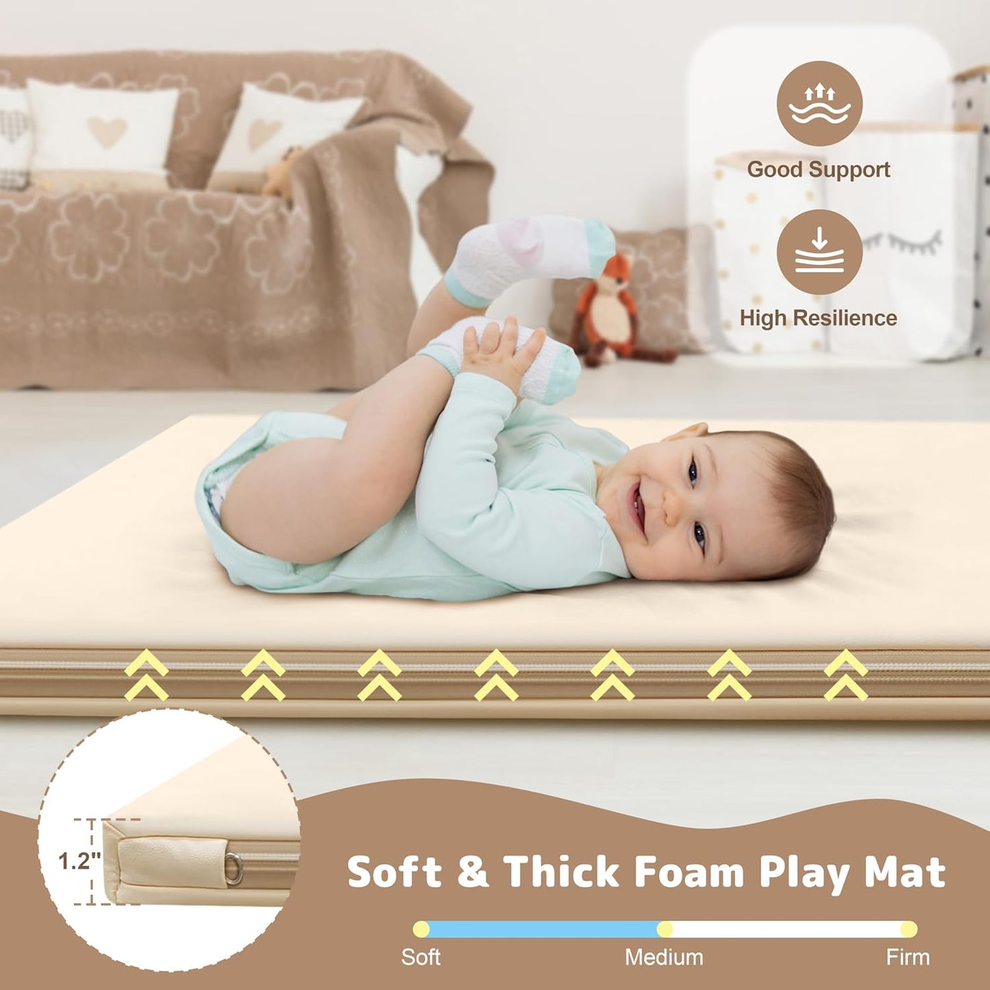 Baby Play Mat 47x47 Inches, Extra Thick 1.2" Foam Floor Mat for Tummy Time & Crawling, Waterproof Non-Slip Faux Leather Playpen Mat for Infants Toddlers, Indoor Outdoor Gym Activity, Beige