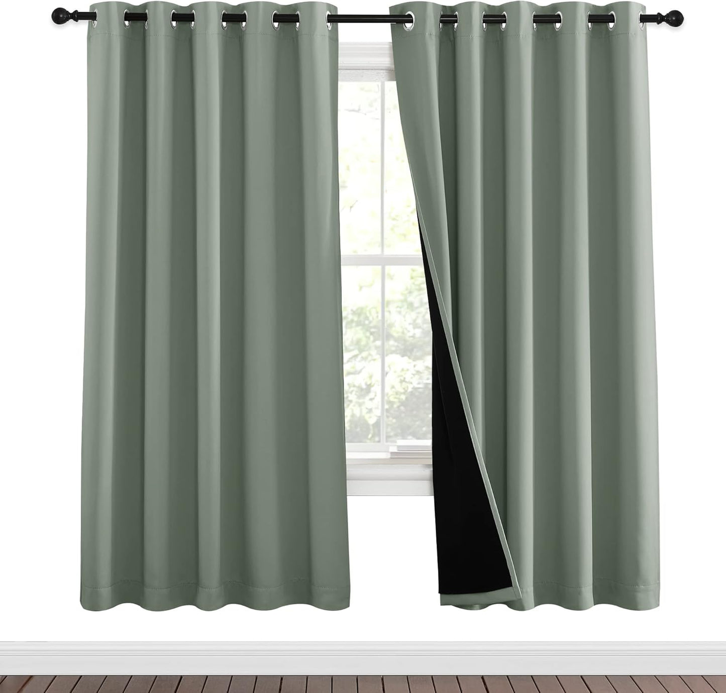 NICETOWN 100% Blackout Window Curtain Panels, Full Light Blocking Drapes with Black Liner for Nursery, 72-inch Drop Thermal Insulated Draperies (Greyish Green, 2 Pieces, 62-inch Wide Per Panel)