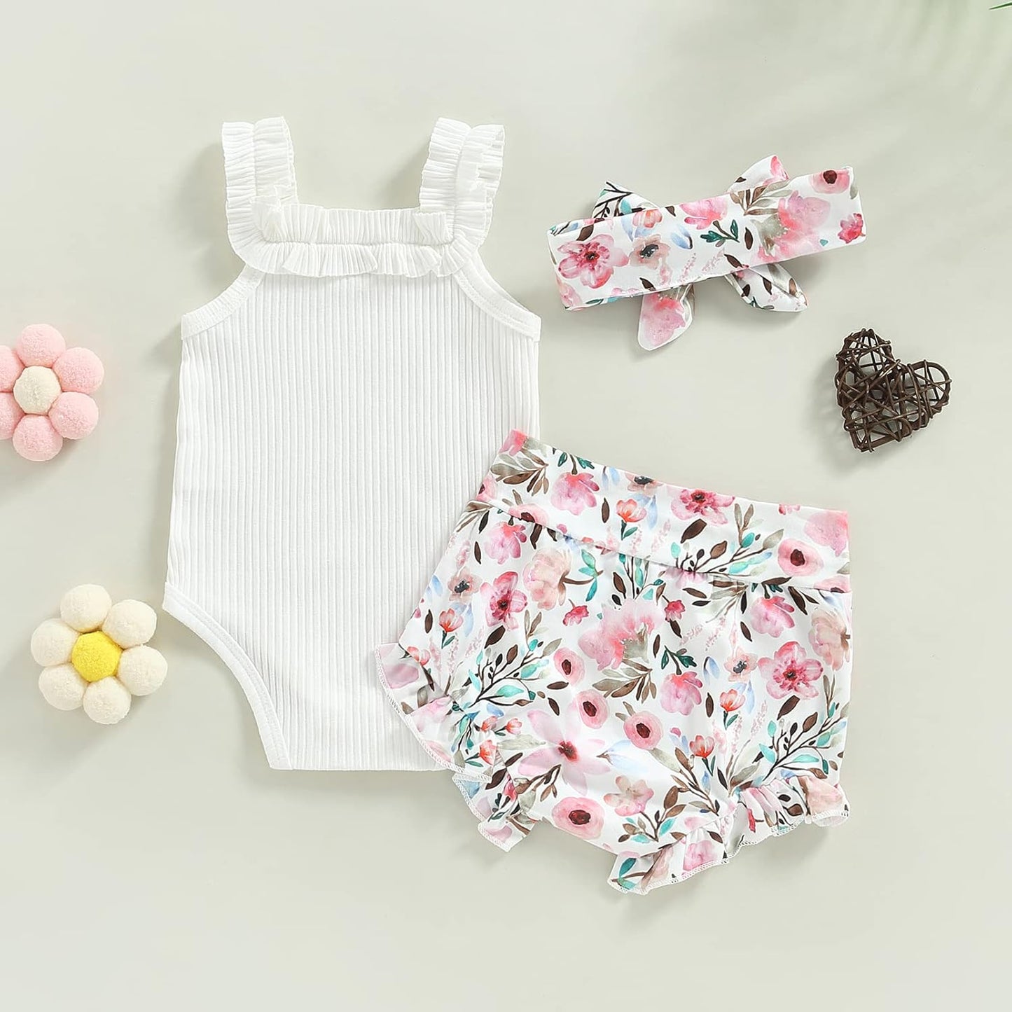 fhutpw Baby Girl Clothes Summer Cute Outfits 3 6 12 18 Months Spaghetti Strap Romper & Floarl Shorts Sets