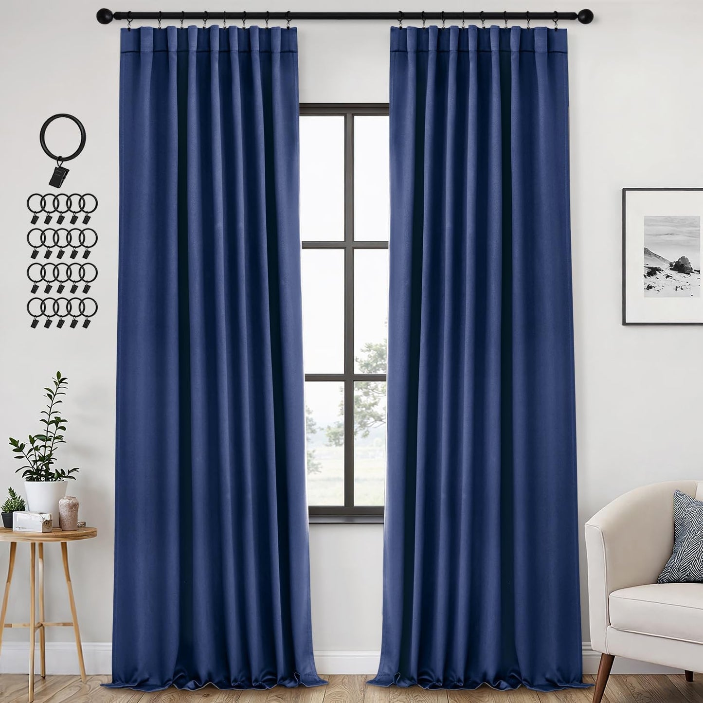 ANRODUO Back Tab Blackout Curtains for Bedroom Living Room, Rod Pocket Pinch Pleated Thermal Insulated Room Darkening Curtains 96 Inches Long 2 Panels, Navy Blue, 42 x 96 Inch