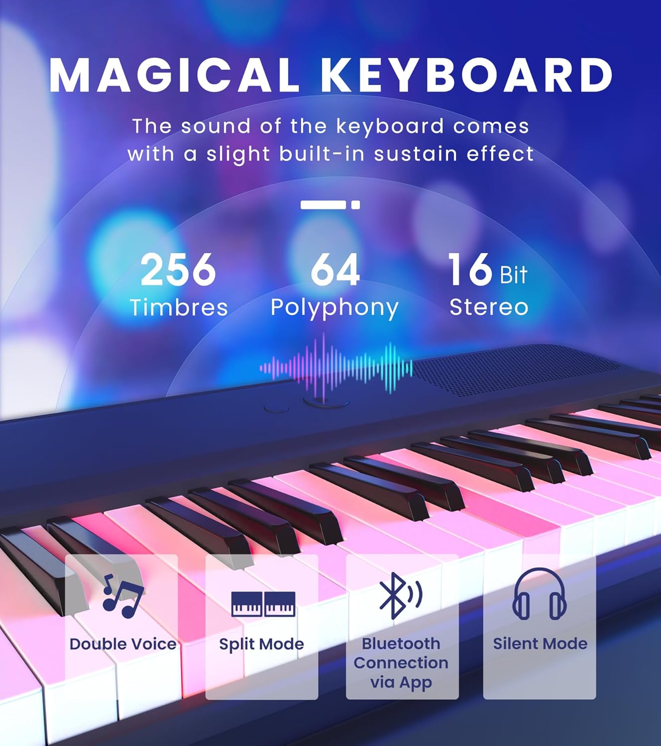 The ONE Smart Keyboard COLOR 61 Lighted Keys Piano Keyboard, Electric Piano for Beginners with 256 Tones, 64 Polyphony, Built-in LED Lights & Apps, Supports USB MIDI/Headphones (White)