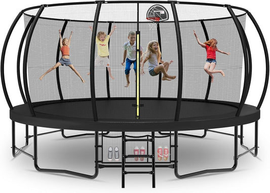 Tatub Large Trampolines Outdoor 10 12 14 15 16FT for Kids and Adults,Outdoor Recreational Pumpkin Trampolines with Curved Poles and Safety Enclosure Net, Basketball Hoop, Ladder