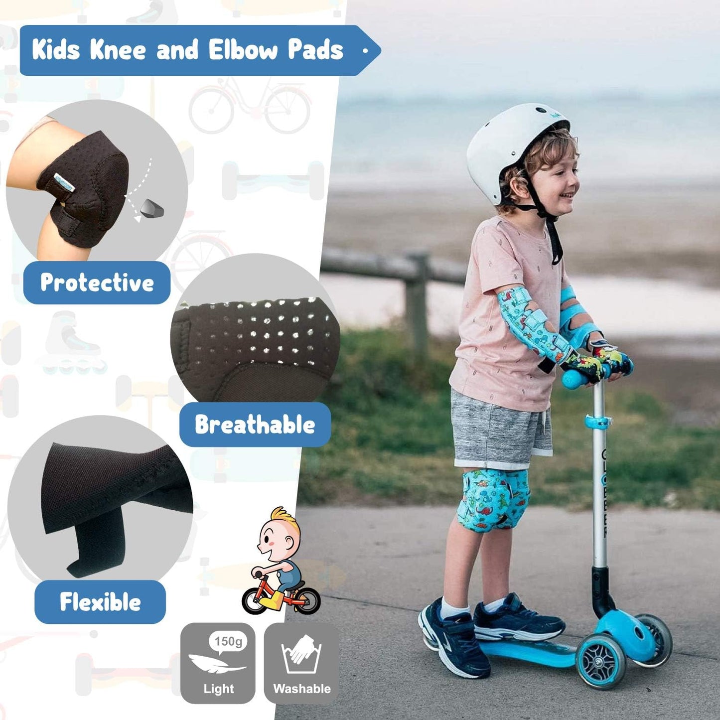 Soft-Style Kids Knee and Elbow Pads with Bike Gloves, Flexible Impact-Resistant Gear for Ages 2-11, Designed for Balance Bikes, Roller-Skating, and Skateboarding