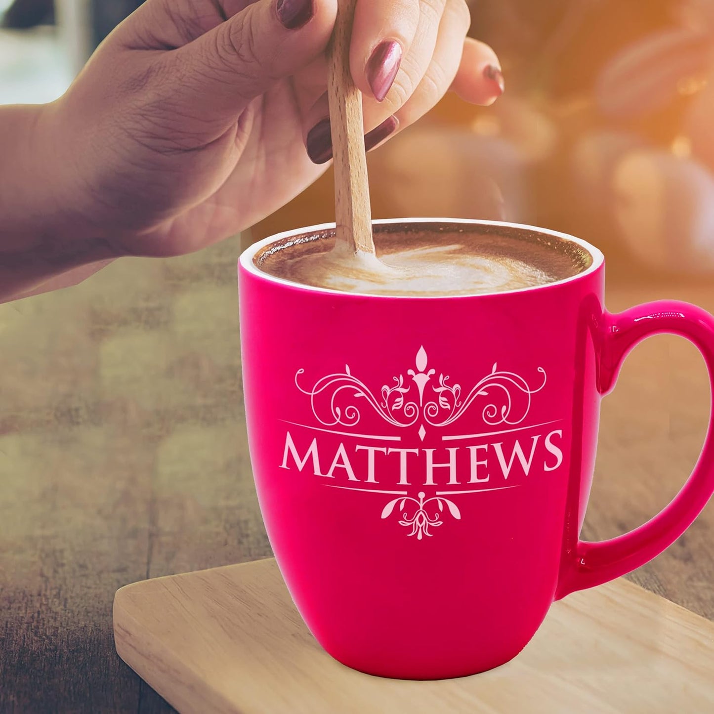 Custom Engraved Coffee Latte Mug - Personalized Coffee and Tea Cup (Pink)