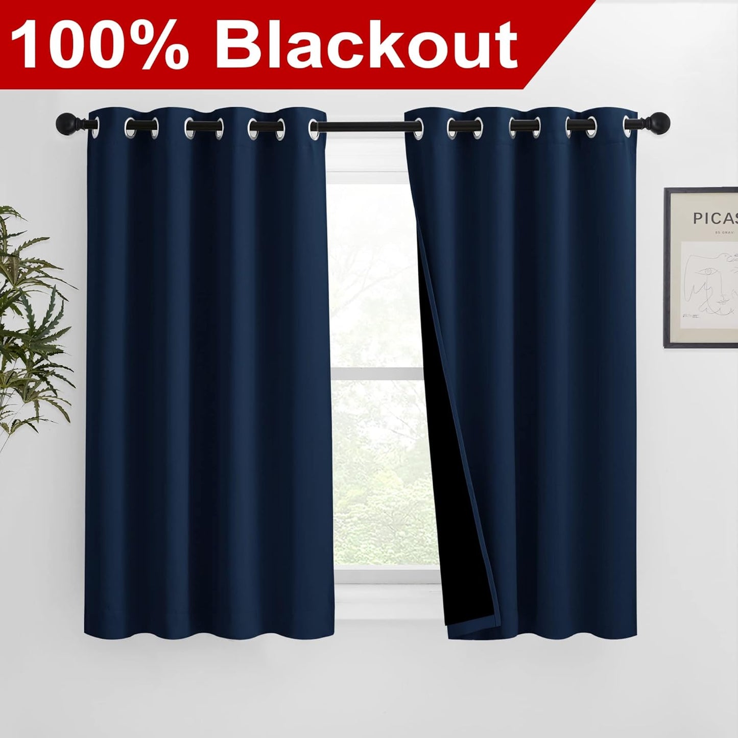 NICETOWN 100% Blackout Curtain Panels, Thermal Insulated Black Liner Curtains for Nursery Room, Noise Reducing and Cold Blocking Drapes for Windows (Set of 2, Navy Blue, 46" Wide by 54" Long)