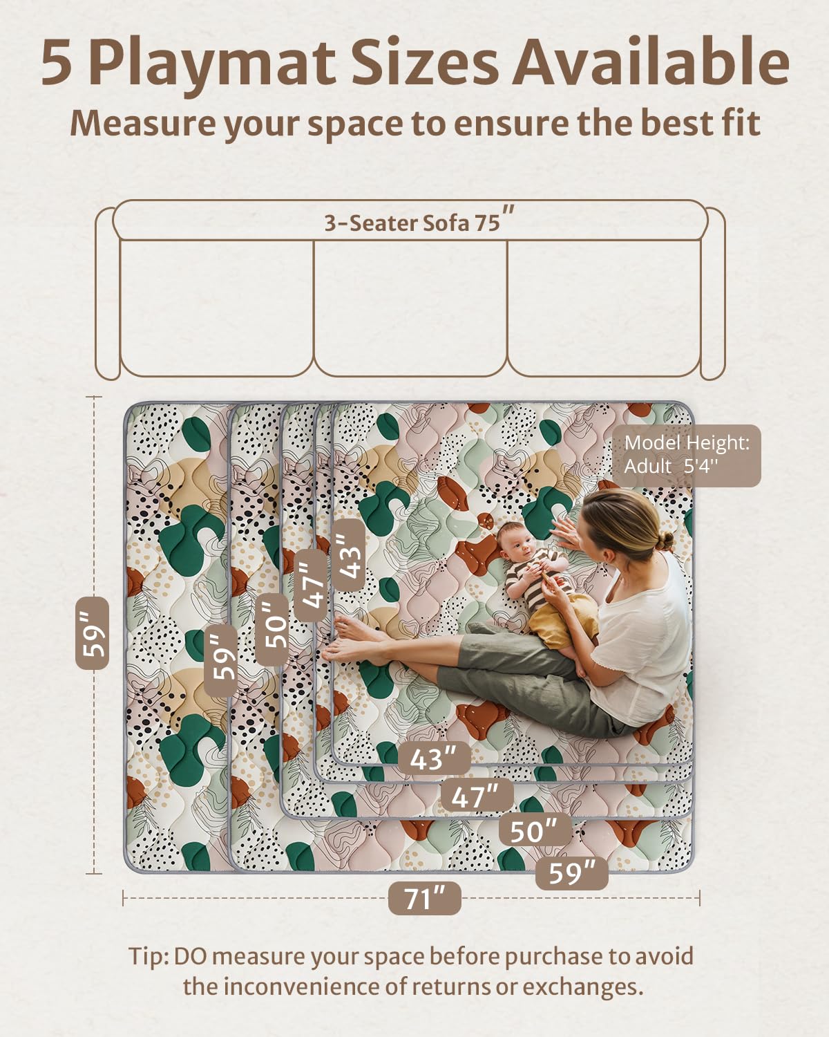 Blissful Diary Baby Play Mats for Floor, 47x47 Inch Playpen Mat, Thicker Padding Foam Playmats for Babies and Toddlers Infants, Modern Abstract