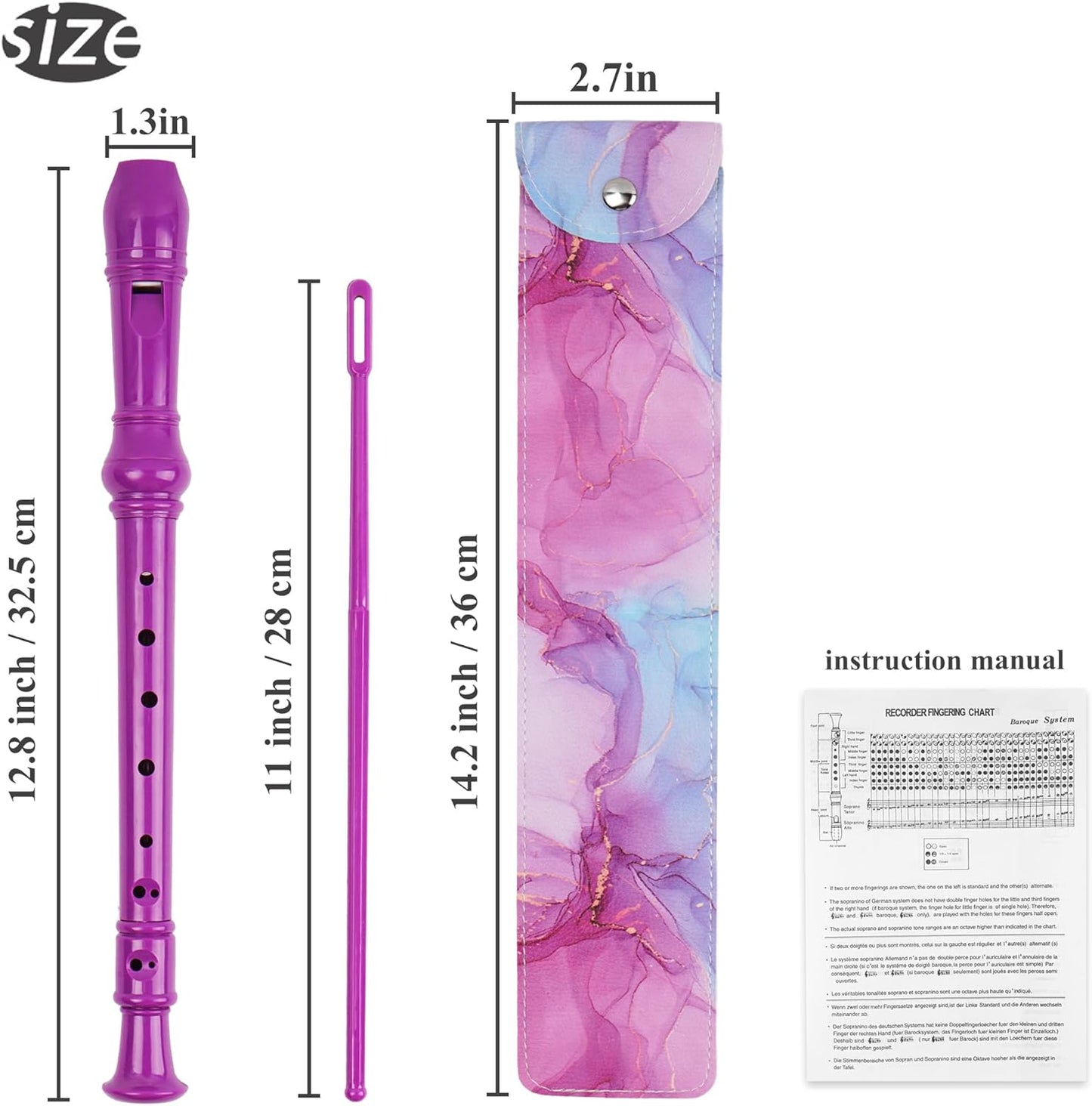 Recorder Instrument for Beginner Kids Adults,8-Hole Soprano Descant Recorder Music Flute with with Cleaning Rod & Leather Case For School Student Home Entertainment(2-Purple Blue Splash-ink)
