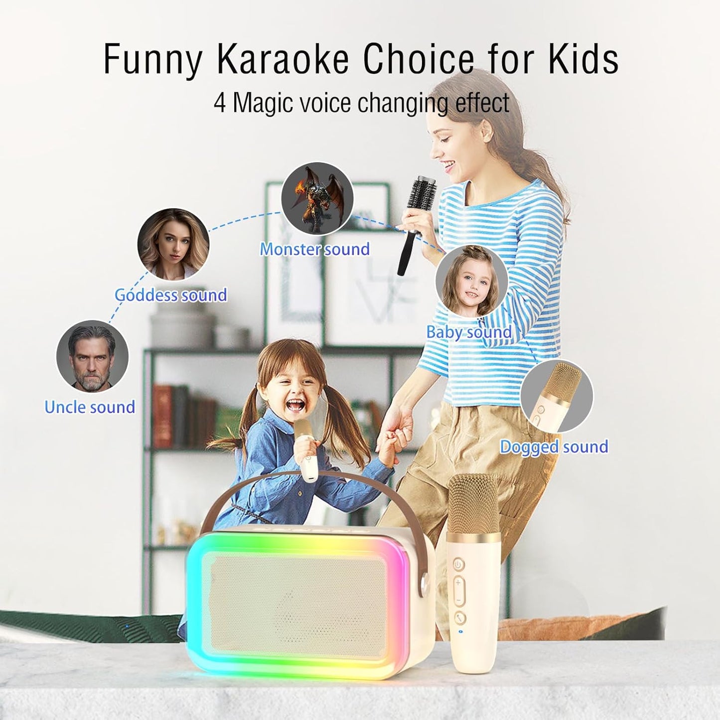 Mini Karaoke Machine,Funny Toys Christmas Birthday Gifts for Kids Age 4-12 Girls,Boys,Adults, Karaoke Microphone Toys for 4,5,6,7,8,9,10,11,12+ Year Old Girls Boys (Beige 1 mic -Rainbow Lights)
