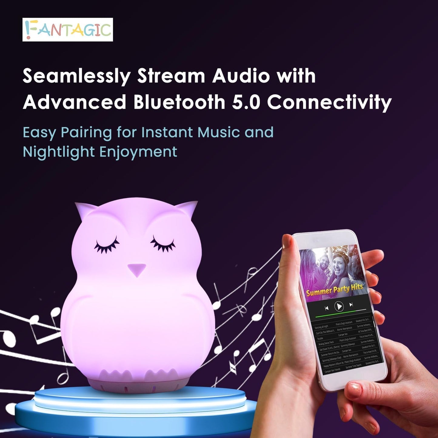 Combined Bluetooth Speaker & Nightlight With 9 Color Emissions, Child Friendly Silicone & BPA Free, USB Recharging, Receives Audio From Computer, Phone Or Tablet, and includes Remote Control (Owl)