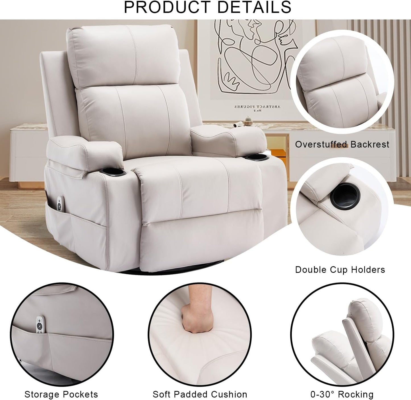 KCQ Electric Swivel Recliner Chair with Massage Heat Cup Holders Overstuffed PU Leather Power Rocking Glider Chairs Rocker Recliner for Adults, Beige