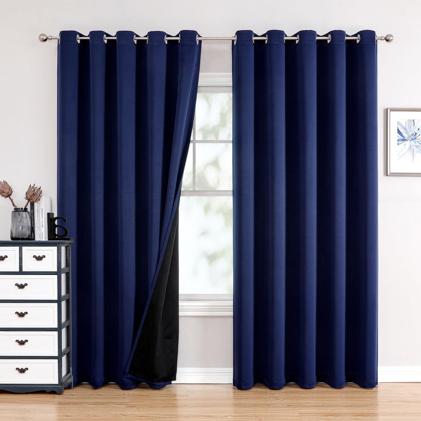 ChrisDowa 100% Blackout Curtains 84 inch Long for Bedroom with Black Liner, Extra Wide 2 Thick Layers Total Blackout Thermal Insulated Grommet Window Curtains 2 Panels Set (Navy Blue, 60 x 84 Inch)