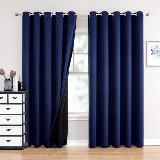 ChrisDowa 100% Blackout Curtains 84 inch Long for Bedroom with Black Liner, Extra Wide 2 Thick Layers Total Blackout Thermal Insulated Grommet Window Curtains 2 Panels Set (Navy Blue, 60 x 84 Inch)