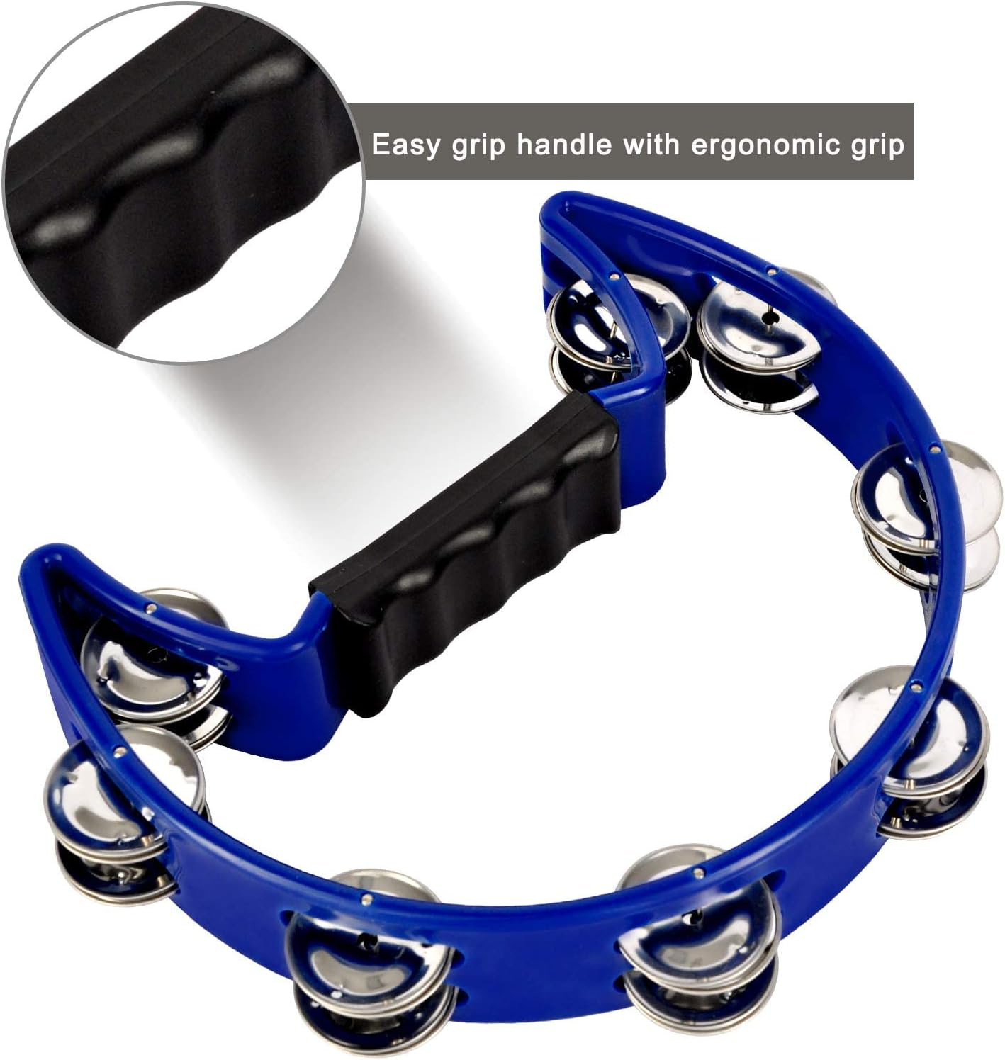 EastRock Tambourine Metal Jingles Hand Held Percussion Half Moon Tambourine for Kids, Adults, KTV, Party BLUE
