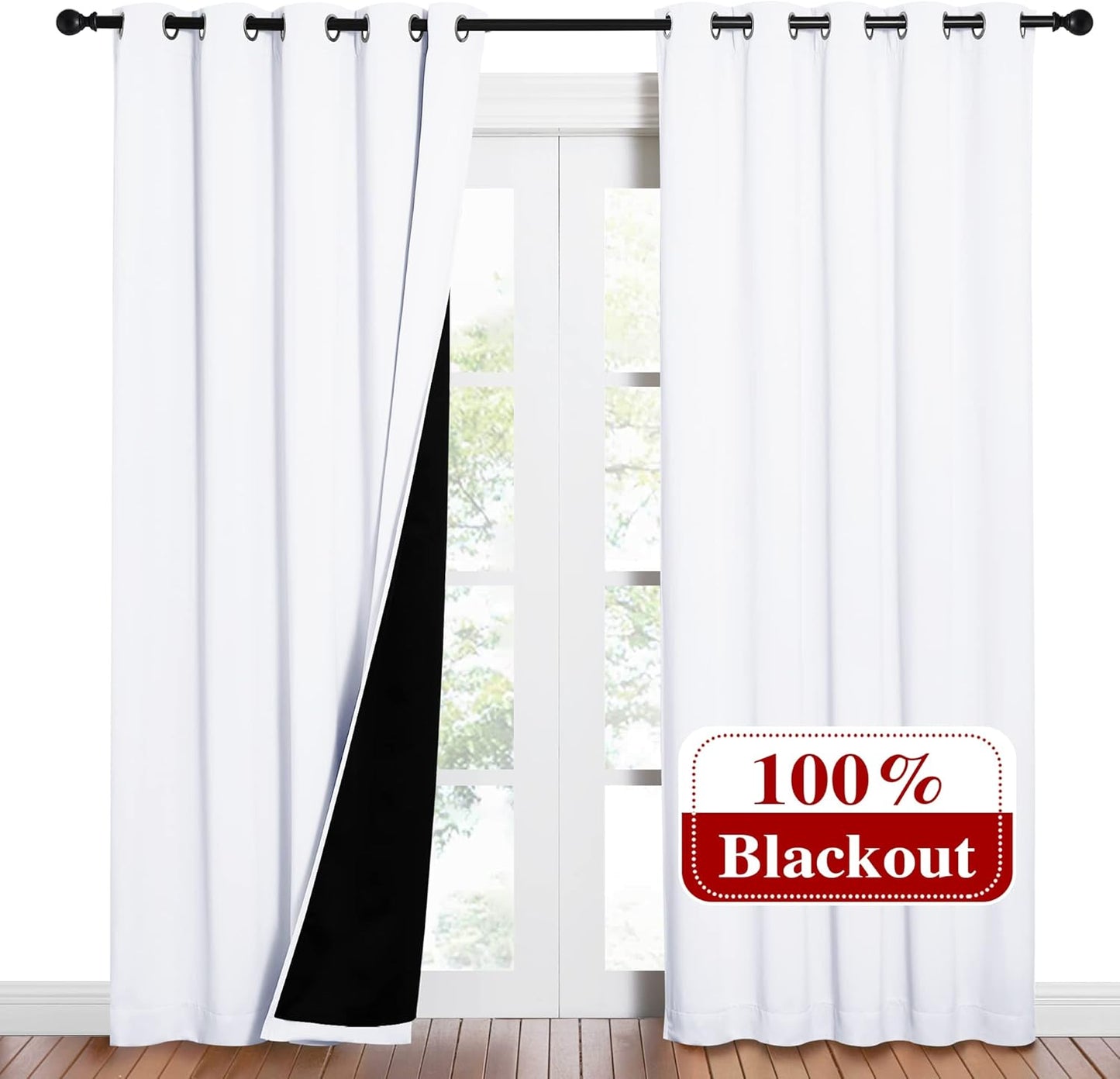 NICETOWN 100% Blackout Window Curtain Panels, Cold and Full Light Blocking Drapes with Black Liner for Nursery, 84 inches Drop Thermal Insulated Draperies (White, 2 Pieces, 62 inches Wide Each Panel)