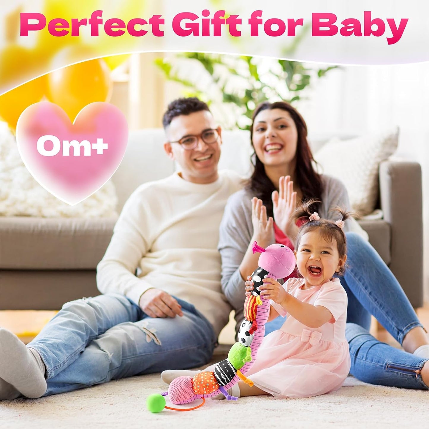 HEMRLY Baby Girl Toys for 0-6 Months, Musical Plush Caterpillar Infant Sensory Toy with Baby Mirror&Crinkle Rattle,Pull String,Teething, Tummy Time Newborn Gifts for 0-3-6-12 Boys Girls - Pink Branch