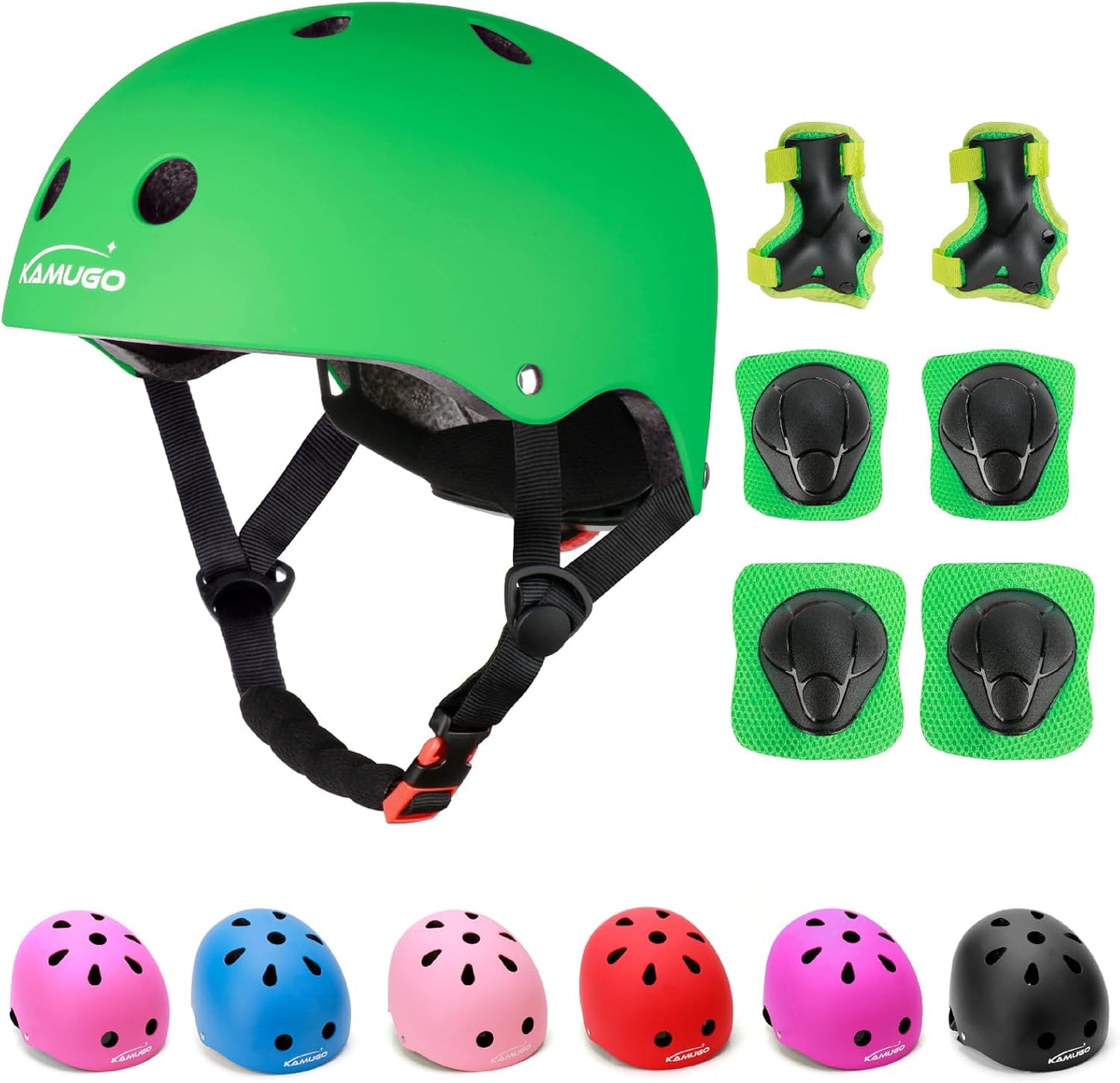 KAMUGO Kids Adjustable Helmet, with Sports Protective Gear Set Knee Elbow Wrist Pads for Toddler Age 2-8 Boys Girls, Bike Skateboard Hoverboard Scooter Rollerblading Helmet Set