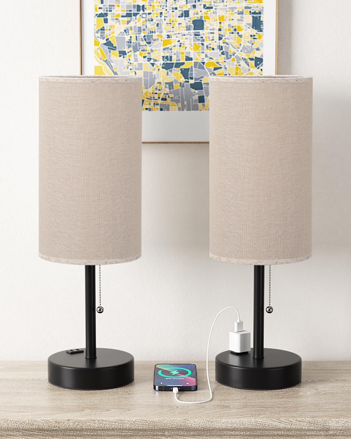 Plus Beige Bedside Table Lamps Set of 2-3 Color Temperatures Pull Chain Lamp with AC Outlet Charging Port, Two Round Night Stand Lamps for Bedroom Guest Room Office, Bed Side Light