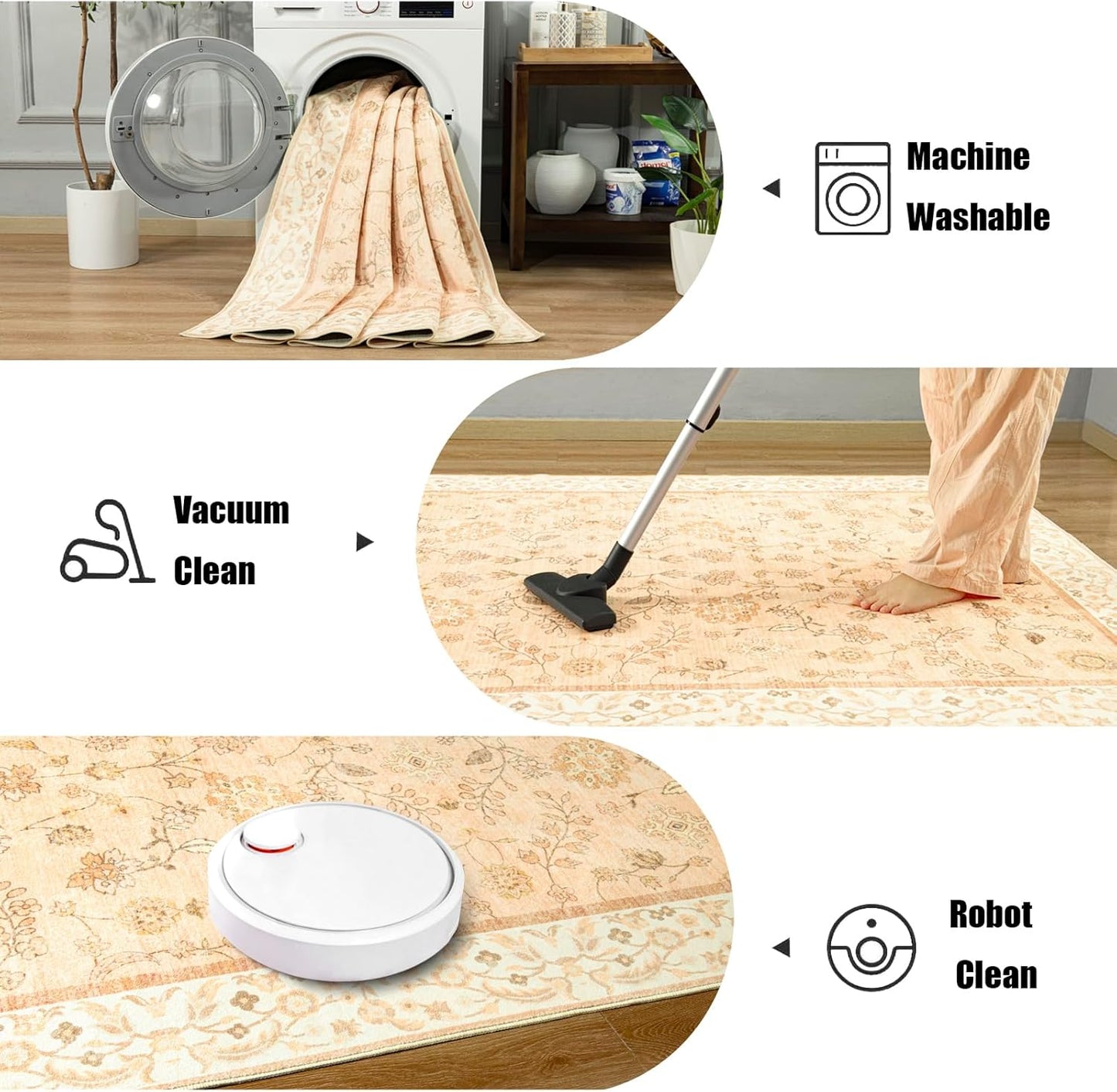 LOCHAS Washable Area Rugs 5x7, Peach Floral Rug for Living Room Bedroom Non Slip, Ultra Soft Vintage Indoor Carpet for Kids, Nursery, Dorm, Dining Room, Classroom, Boho Flower Home Decor, Low-Pile