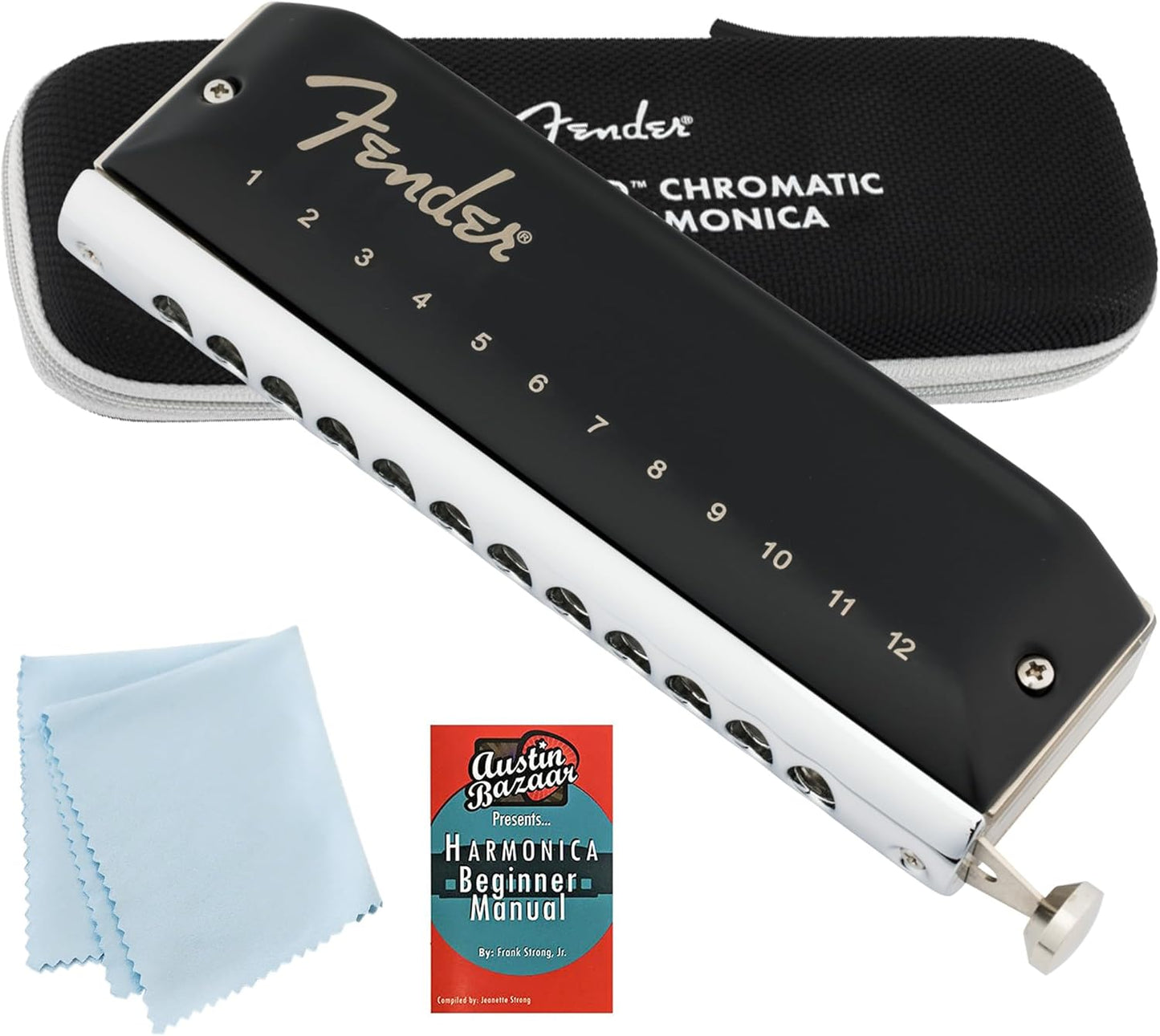 Fender Groove Pro Chromatic 12-Hole Harmonica - Key of C Bundle with Case, Polishing Cloth, and Austin Bazaar Instructional Manual