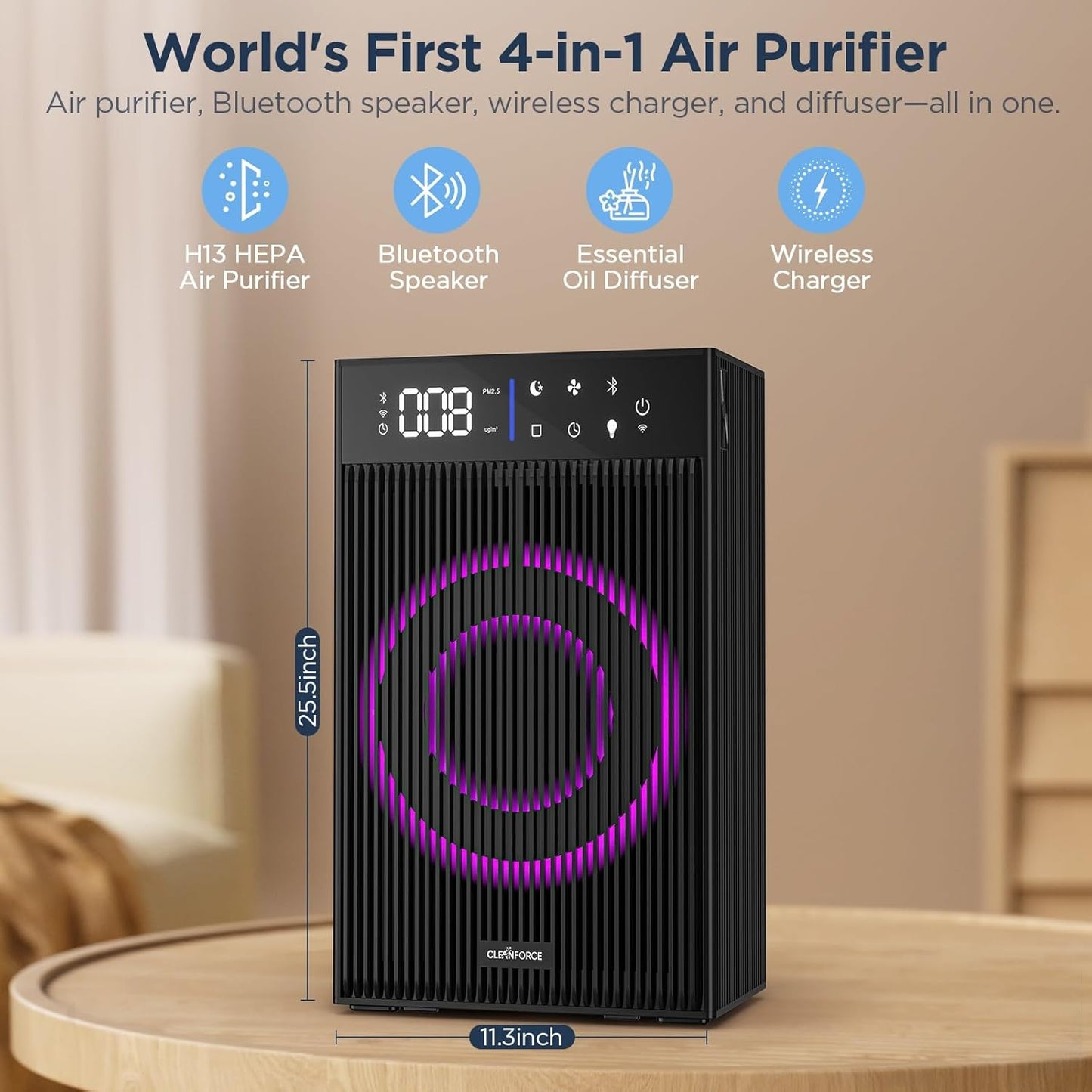 CleanForce Rainbow Cube | World’s First 4-in-1 Space-saving Air Purifier with Bluetooth Speaker, Wireless Charger & Aroma Diffuser | Swiss Tech，over 900ft² Coverage | Ultra-Quiet