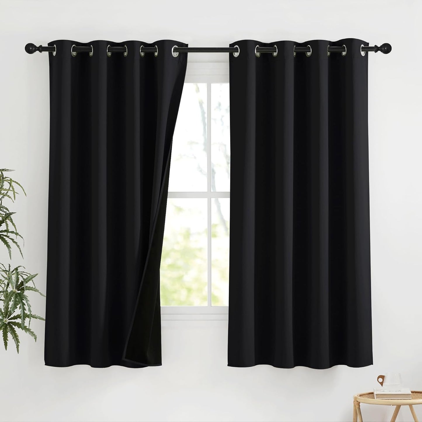 NICETOWN 100% Blackout Curtains for Bedroom, Total Blackout Thermal Insulated Grommet Window Plylux Curtains & Drapes 63 Inch Length for Living Room, 2 Panels Set (Black, 52 x 63 Inch)