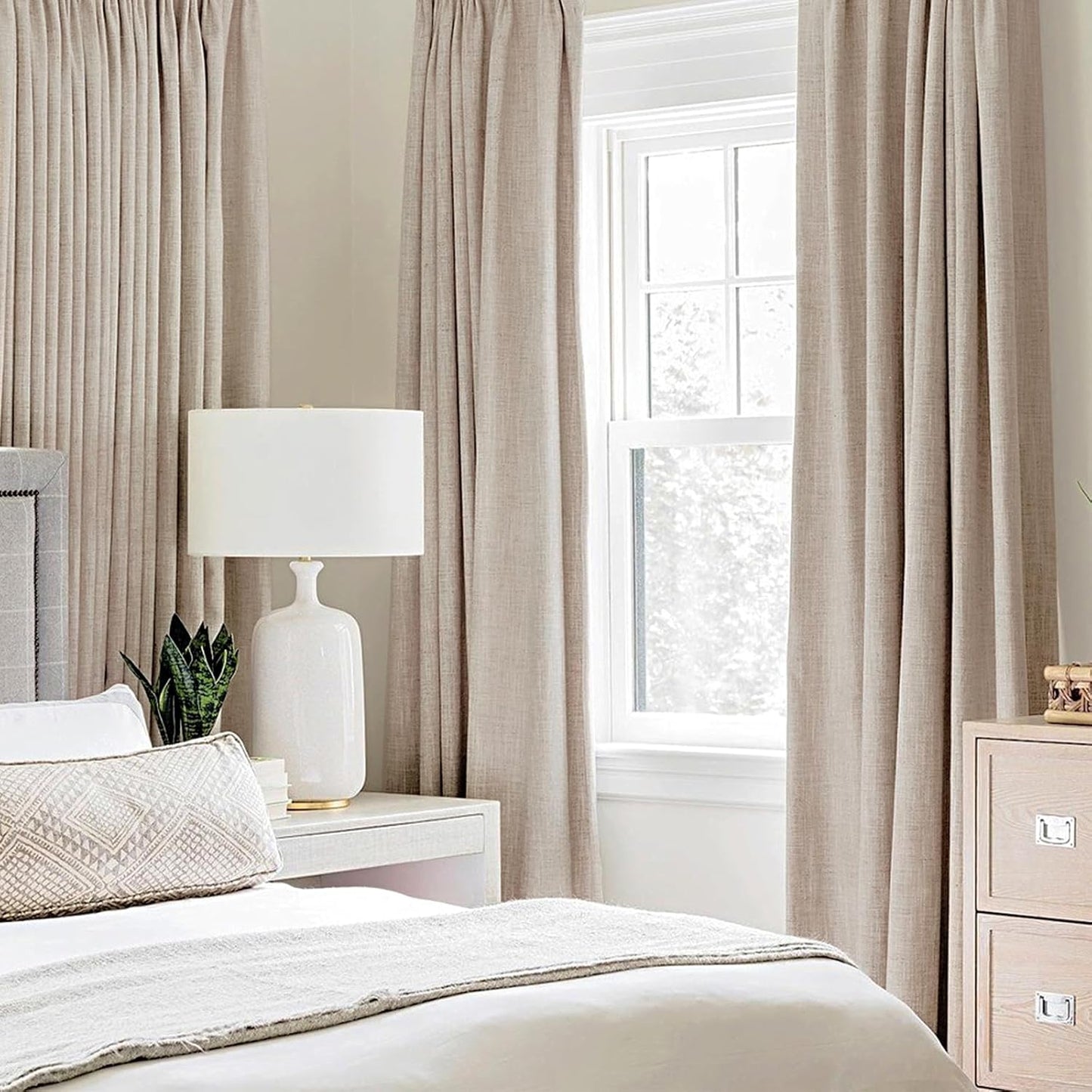 MIULEE 100% Blackout Linen Textured Curtains for Bedroom Solid Thermal Insulated Natural Beige Grommet Room Darkening Curtains & Drapes Luxury Decor for Living Room Nursery 62 x 96 Inch (2 Panels)