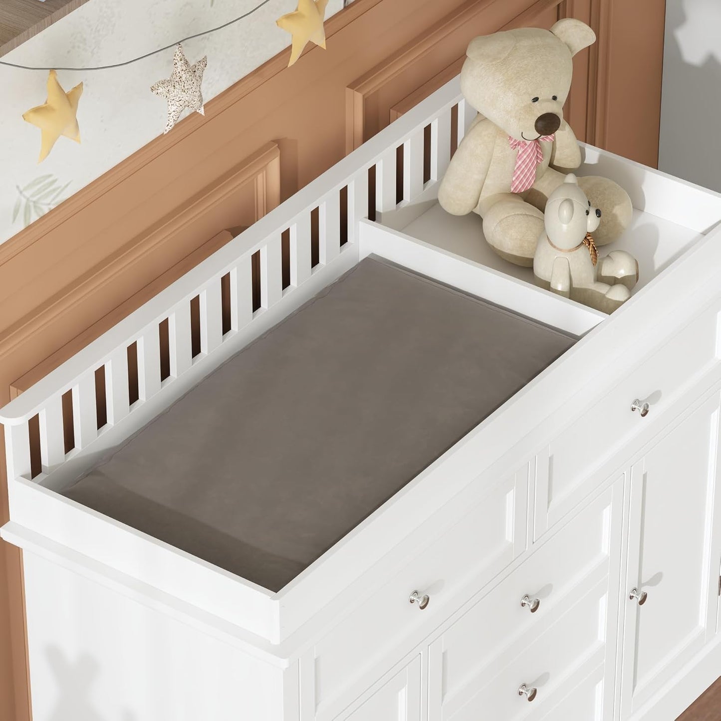 Nursery Dresser with Changing Table Top, 46" W Baby Dresser with 2 Drawers, Laundry Basket & Raised Guard, Infant Diaper Changing Storage Organize Station for Nursery and Baby Bedroom, White