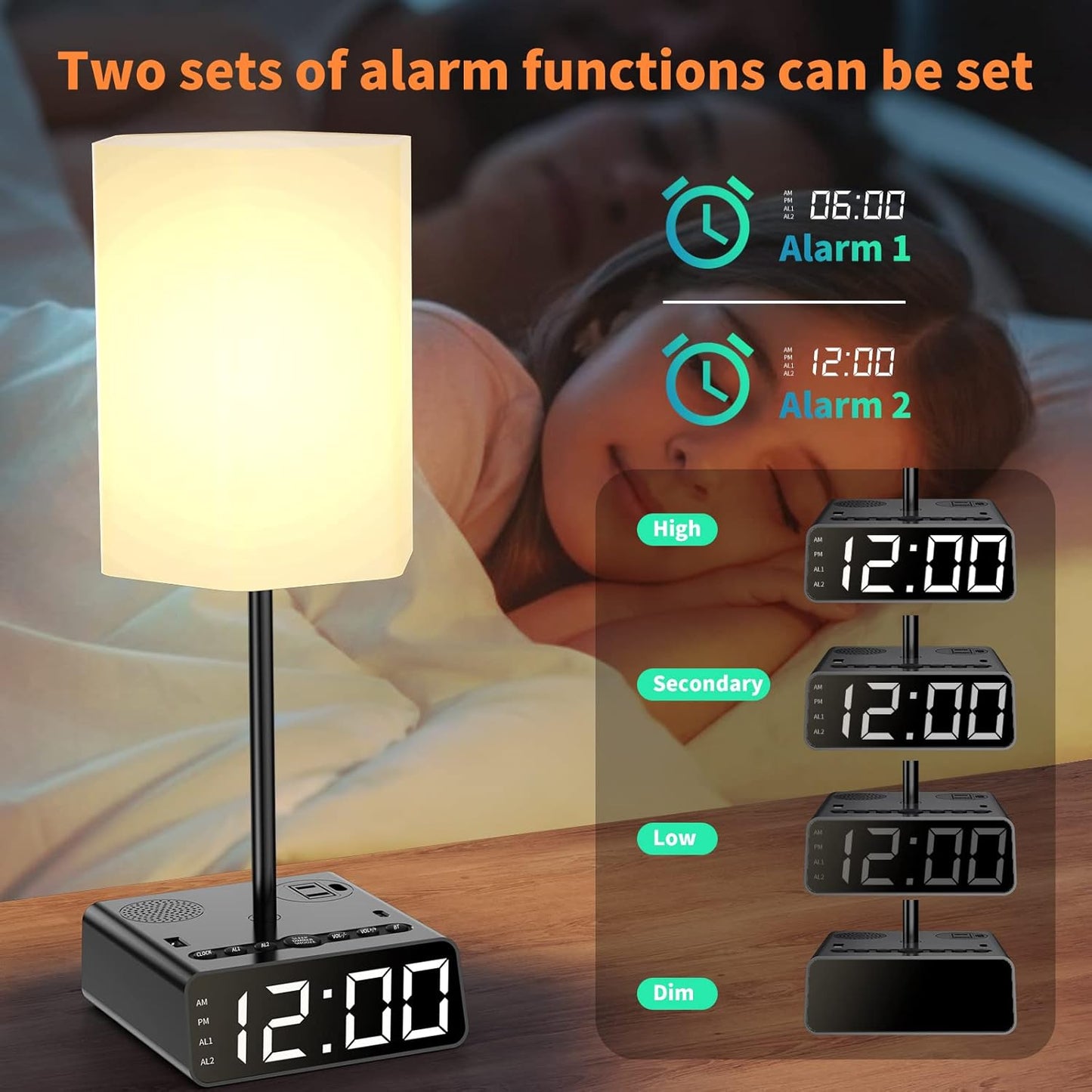 Table Lamp Alarm Clock with USB Ports and AC Outlet, Beside Lamp with Charging Station Speakers and Radio, Power Outlet with Touch Control 3-Way Dimmable Nightstand Lamp for Kids Study Room, Bedroom