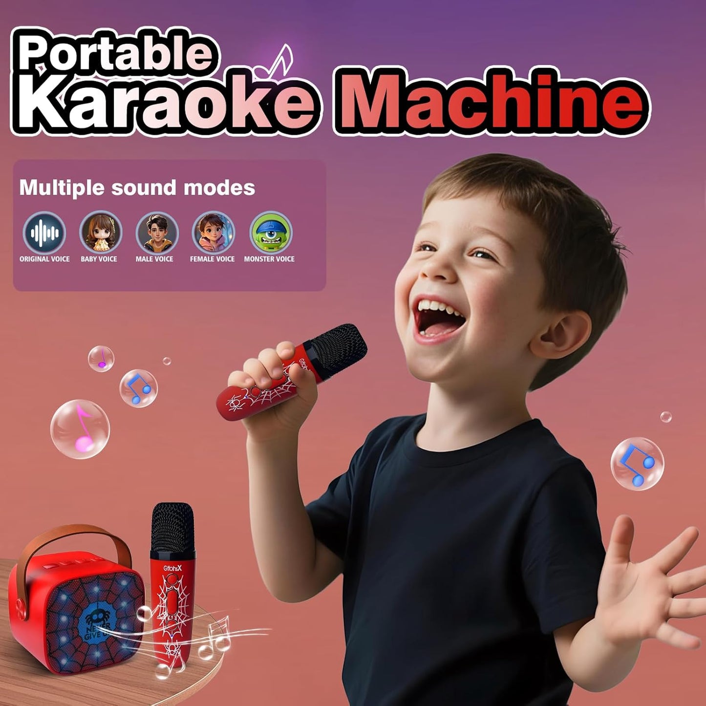 Mini Karaoke Machine for Kids Birthday Gifts 4 5 6 7 8 9 10 11 12 Year Old Girl Boy Singing Electronic Toys Bluetooth Speaker with 2 Wireless Mics Fun Voice and LED Lights Christmas Party