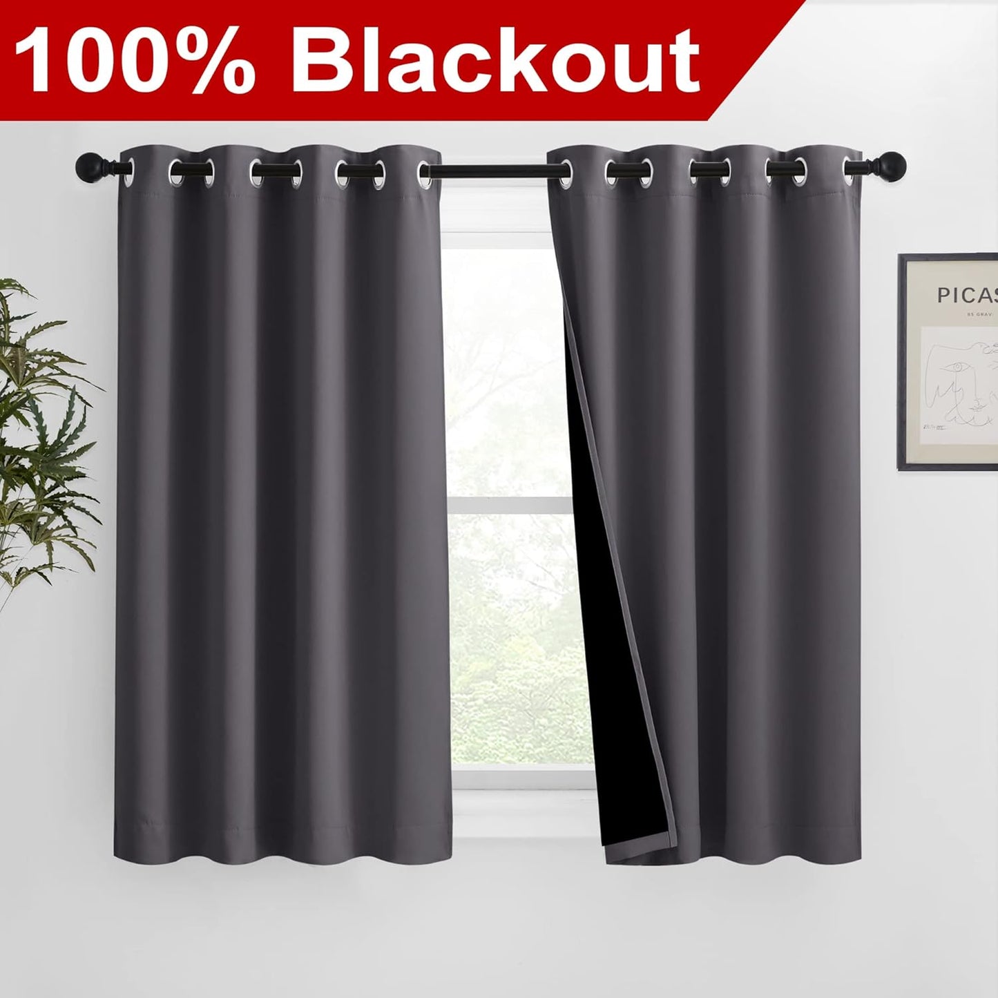 NICETOWN 100% Blackout Blinds, Set of 2, 46" x 45", Laundry Room Decor Window Treatment Curtains for Large Patio Sliding Door, Thermal Insulated Grey Curtains for Bedroom