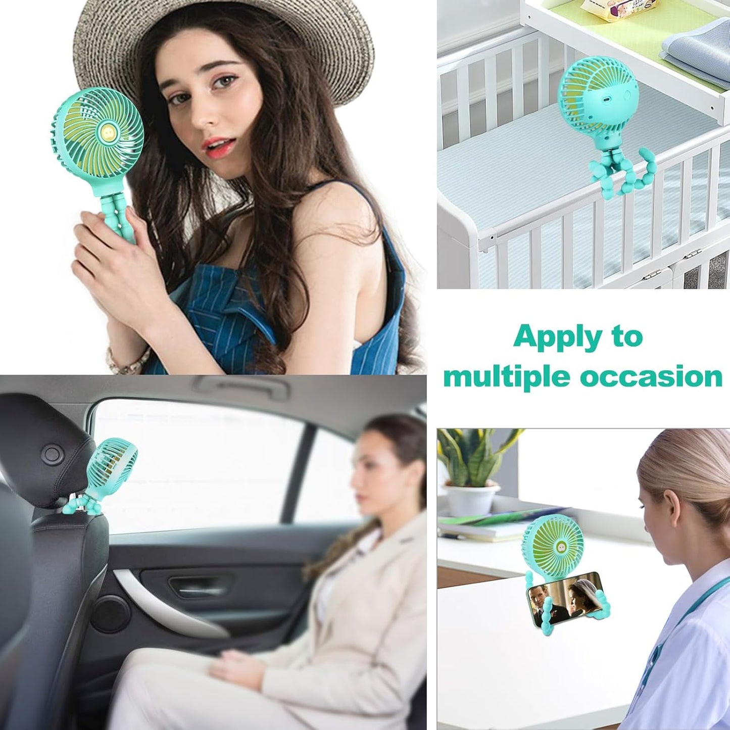 TRELC Mini Handheld Stroller Fan, Personal Portable Baby Rechargeable Fan With Flexible Tripod, Upgraded Version, Gift for Children Office Treadmill Room Car Traveling BBQ Gym (Mint Green)