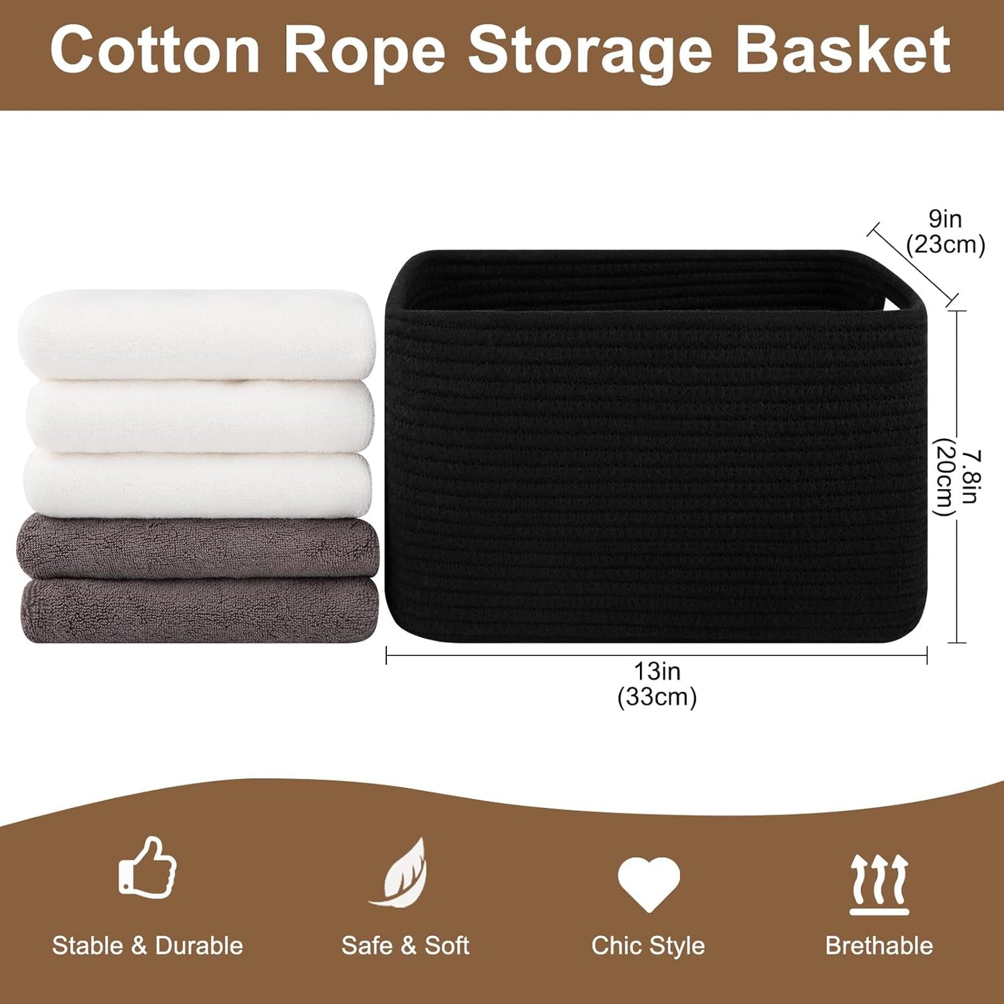 Storage Baskets for Organizing, Woven Decorative Baskets for Shelves - Books, Towels, and Clothes, Cotton Rope Toy Storage Bins, 12.7''Lx9''Wx7.8''H, Pack of 4, Black