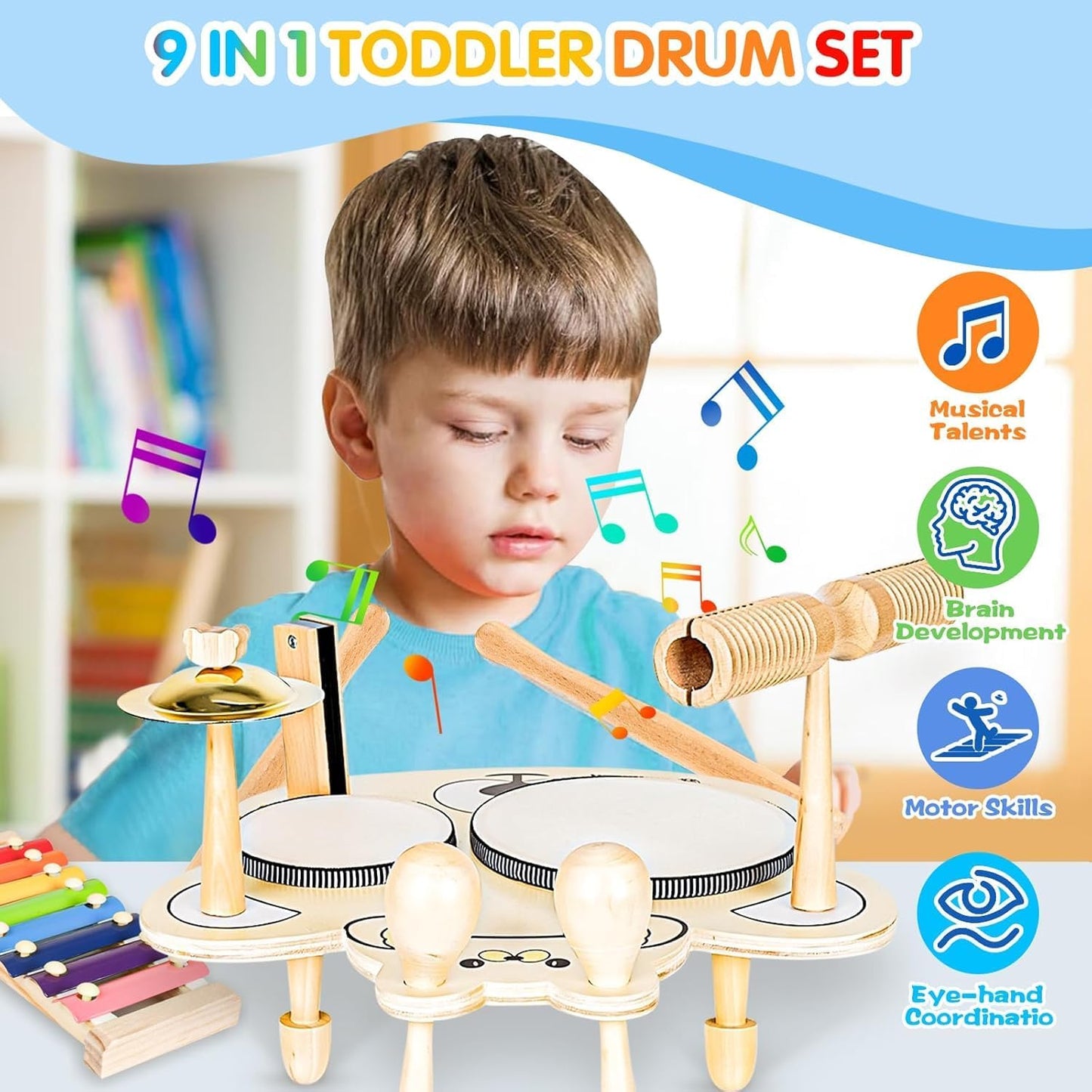 9 in 1 Kids Drum Set YOMESTE Toddlers Birthday Gift Wooden Xylophone Musical Instruments Kit,Montessori Musical Instruments Toys for Kids,Happy Gift ^_^ (Wooden Xylophone Drum Set)