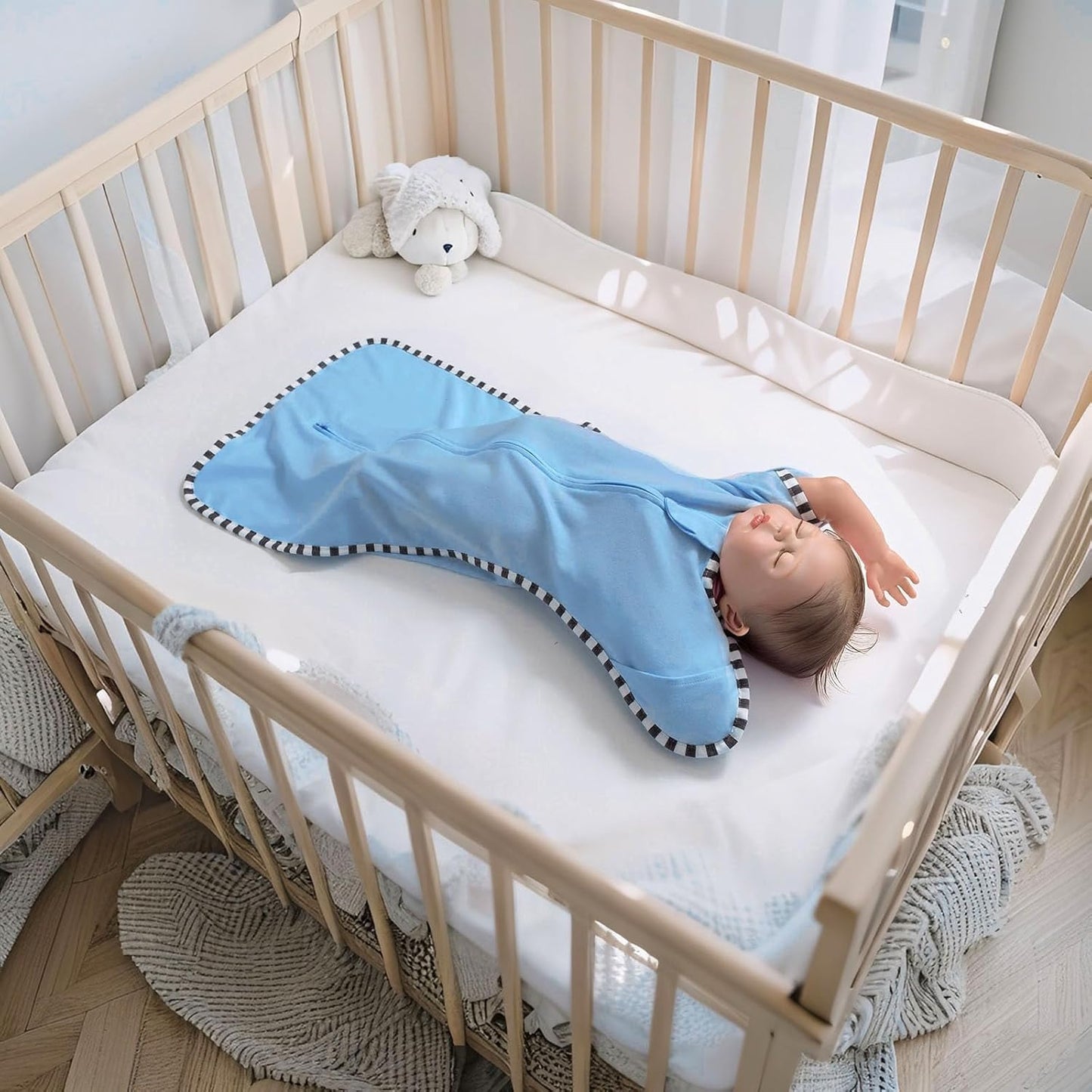 Transition Swaddle, 2 Pack 100% Cotton Baby Sleep Sack, 2-Way Zipper Infant Arm Up Swaddle for Newborn Baby Boys Girls (Khaki + Sky Blue, L(6-9 Months))