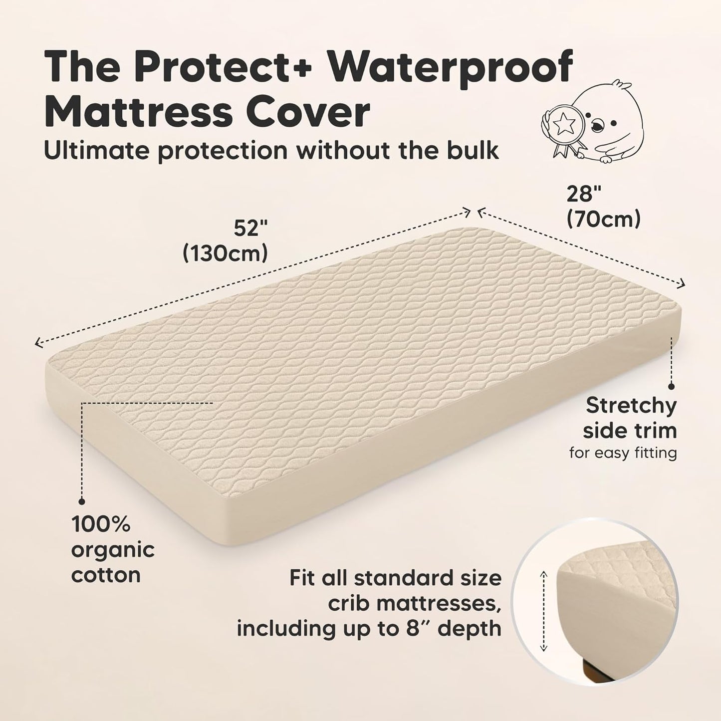 Waterproof Crib Mattress Protector Cover Fitted - 2-Pack Quiet Baby Crib Mattress Pad Sheets, 52" x 28" Soft Quilted Cotton Baby Sheet, Machine Washable, Easy Fit, Durable (Oat/Mavy)